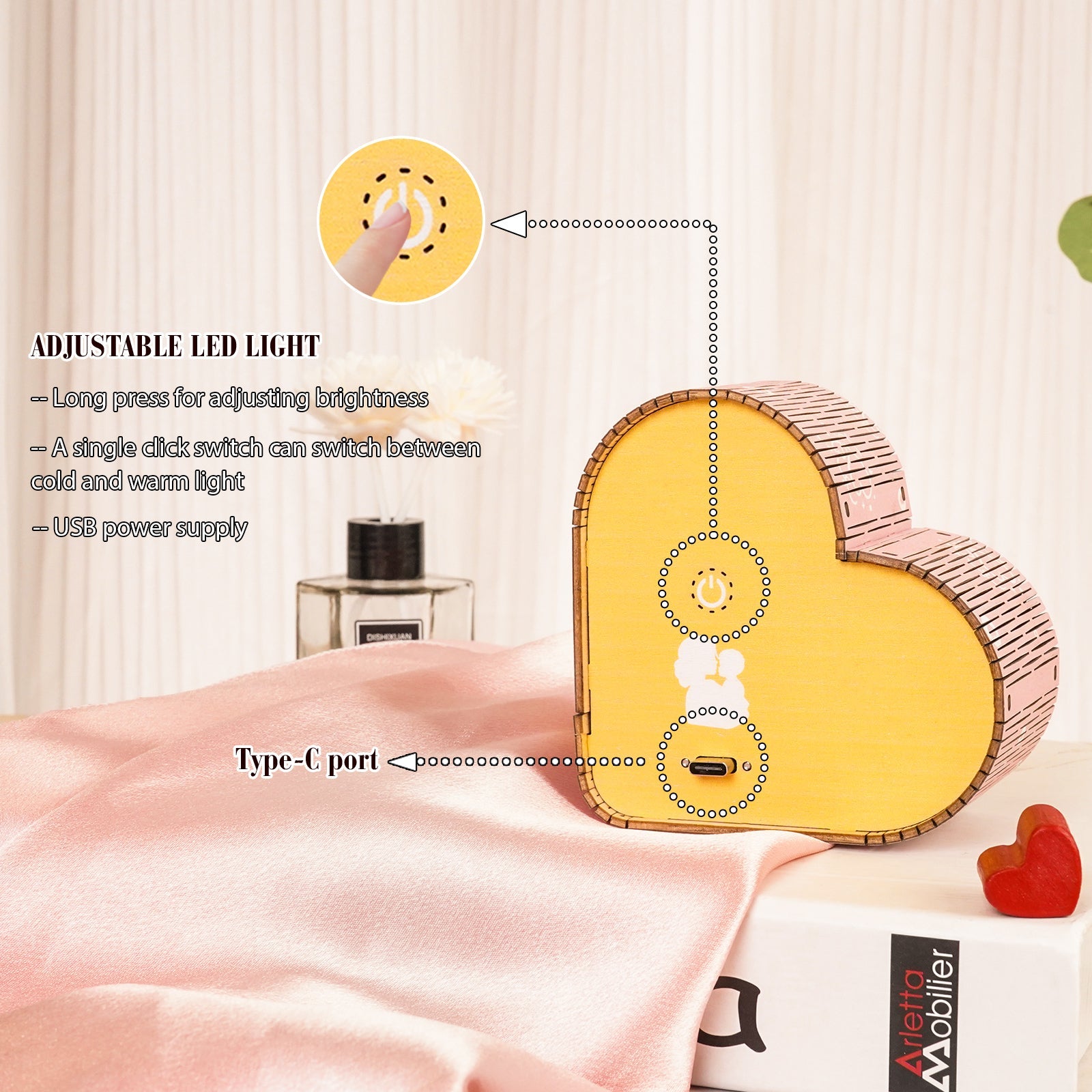 Close-up of personalized 3D wooden puzzle night light with adjustable LED features and heart shape design.