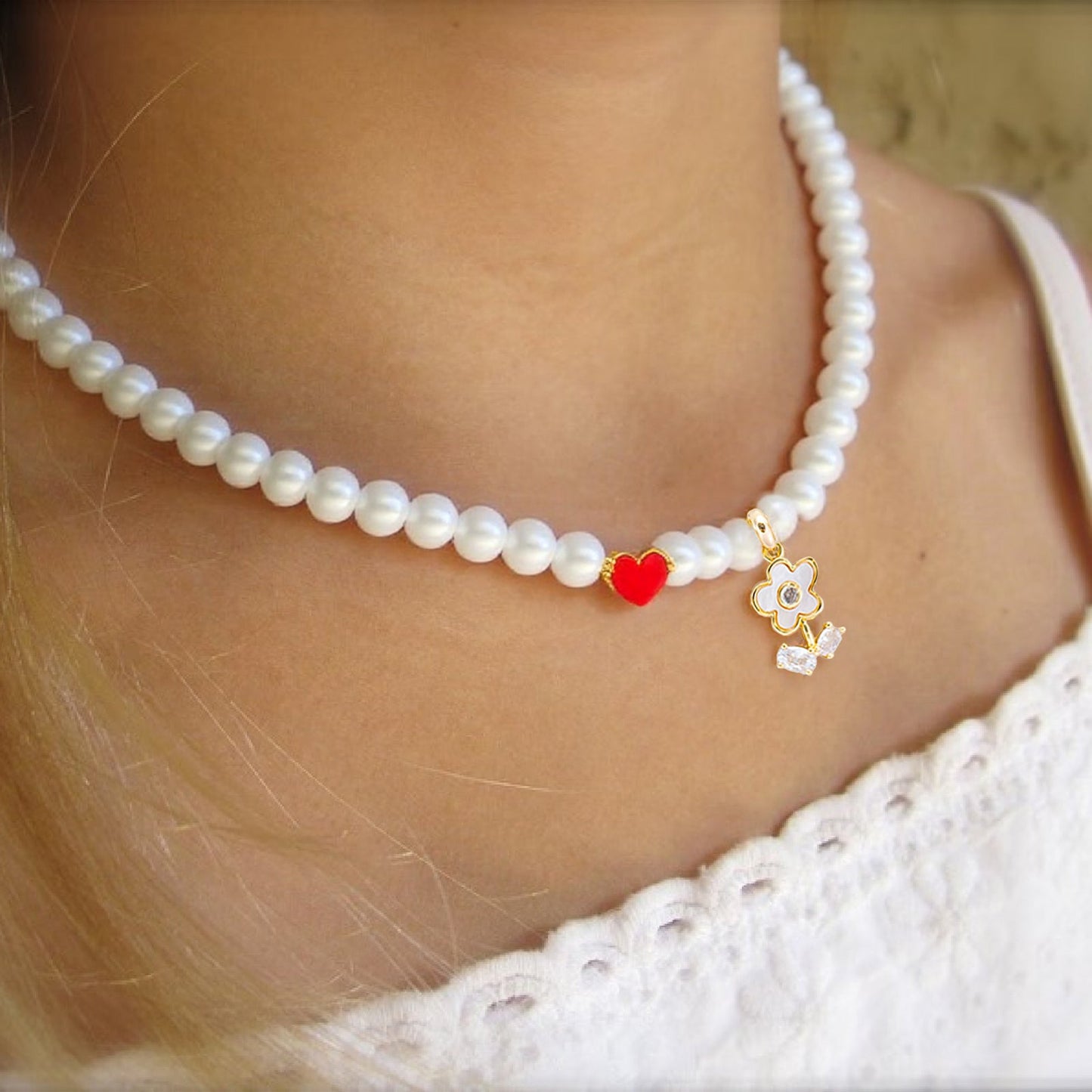 Personalized Name Girl's Heart Flower Charm Pearl Necklace