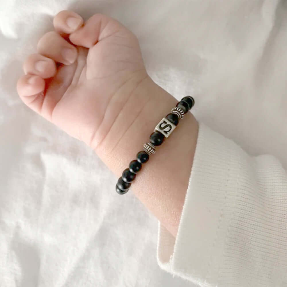 Personalized Baby Boy Onyx Bracelet with a Initial Bead