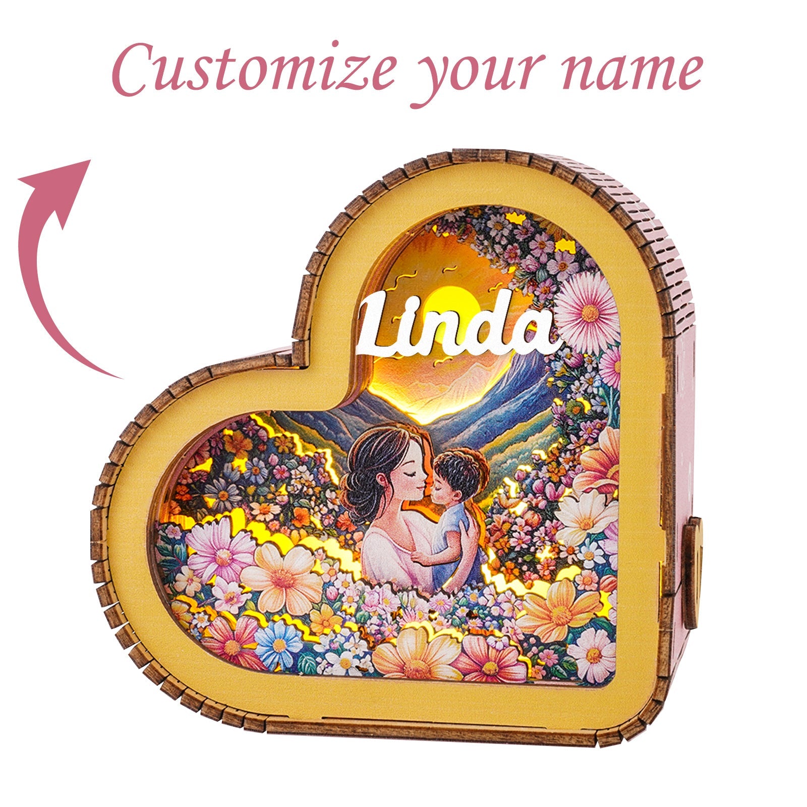 Personalized 3D Wooden Puzzle Night Light in heart shape with mother and child illustration, customizable with name.