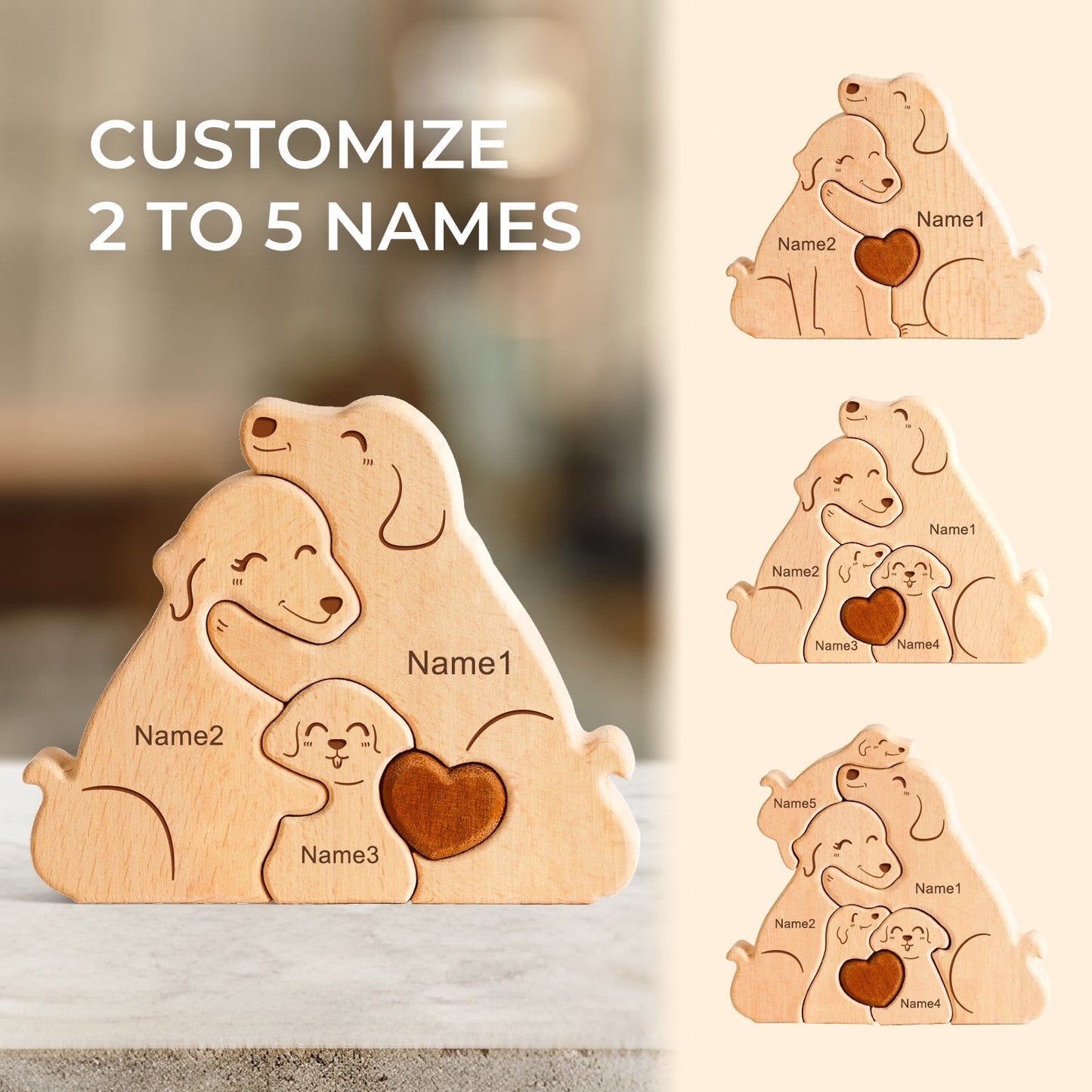 Personalized wooden dog family puzzle decor customizable with 2 to 5 names, showcasing love and togetherness.