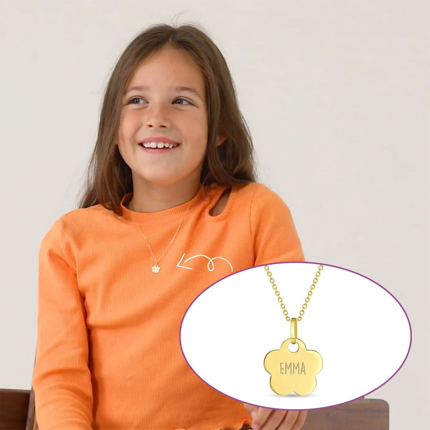 Flower Engraved Name Necklace for Children