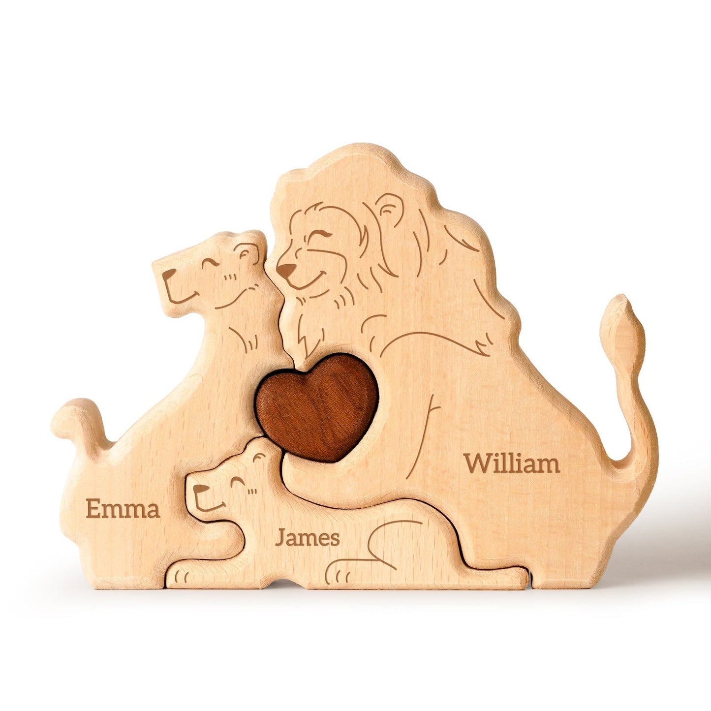 Personalized wooden lion family puzzle featuring names Emma, William, and James with a heart design.
