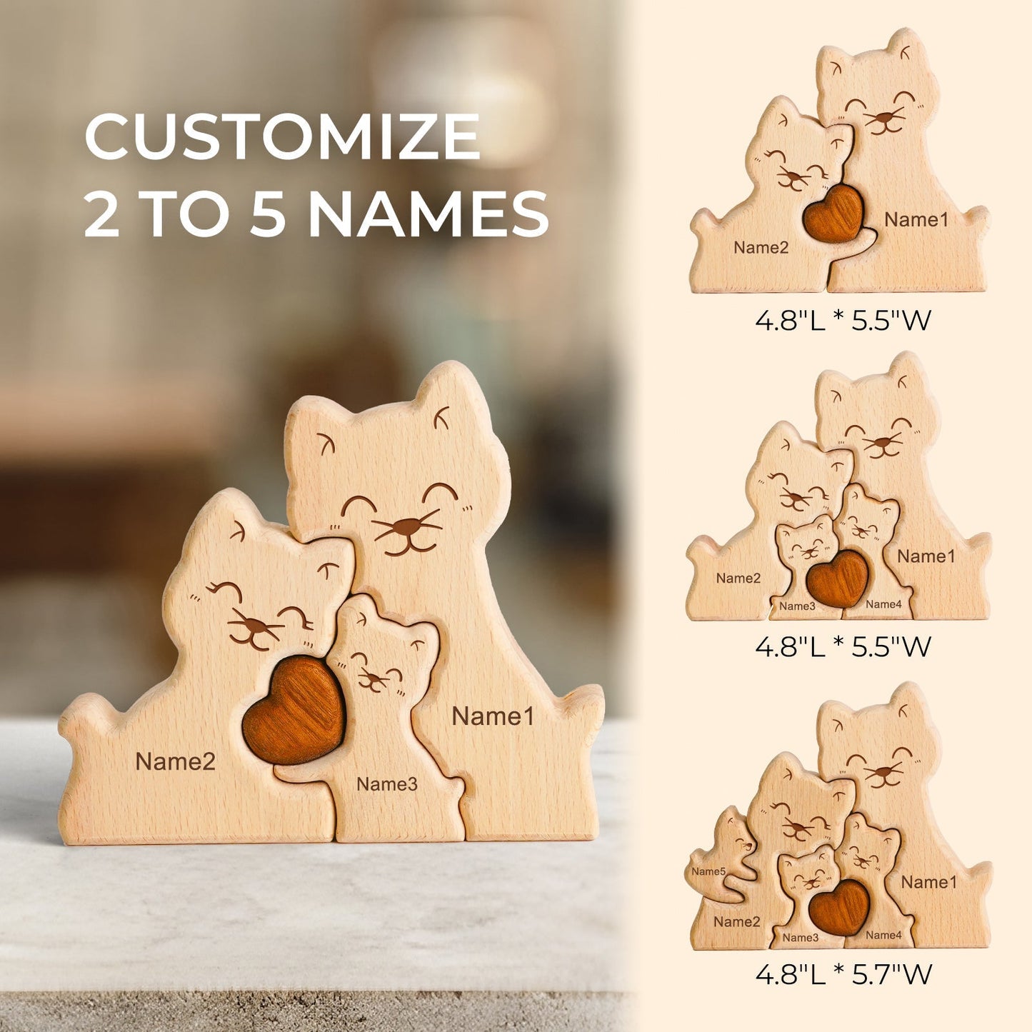 Personalized wooden cat family puzzle decor, customizable for 2 to 5 names, showcasing family love.