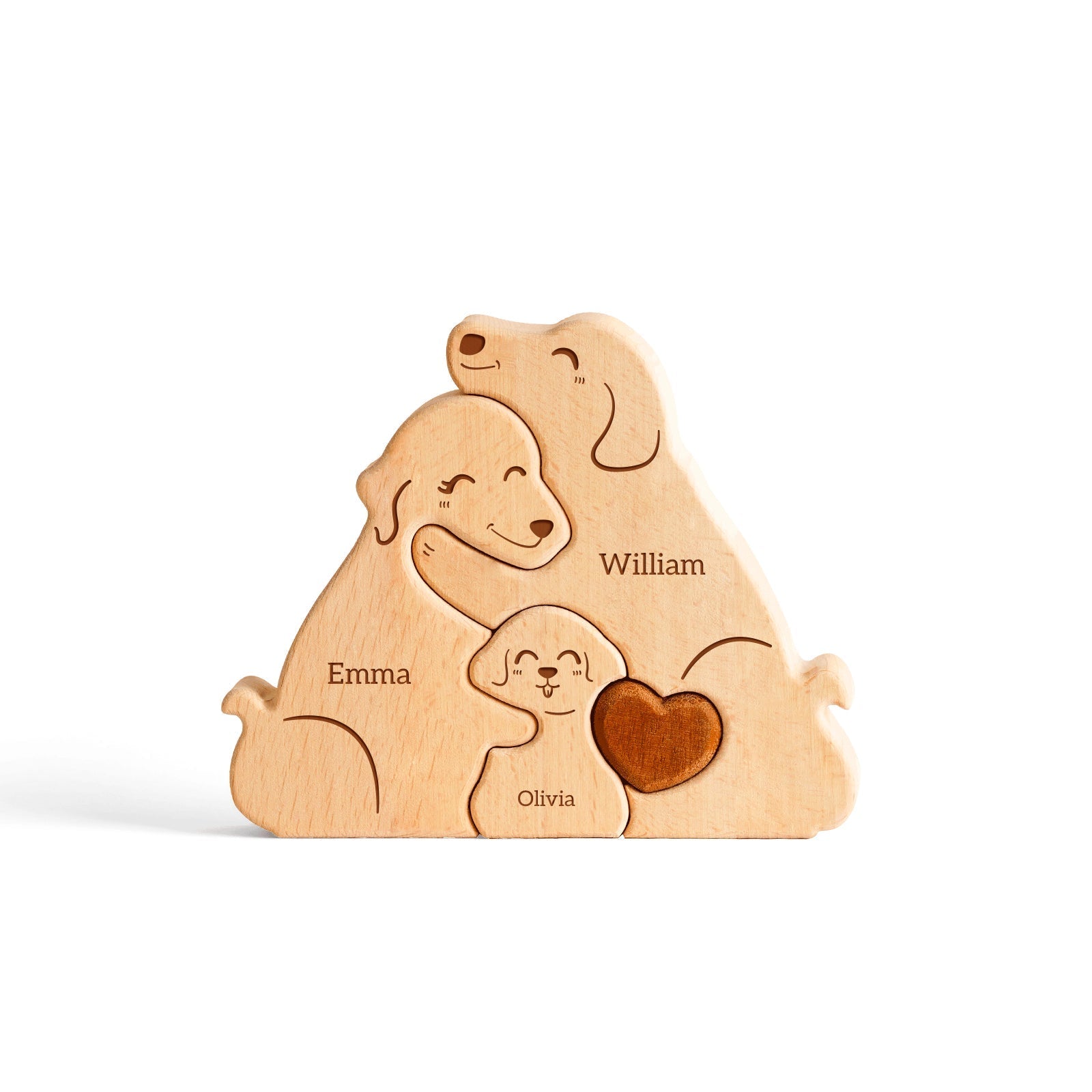 Personalized wooden dog family puzzle decor with carved names Emma, William, and Olivia, symbolizing family love.