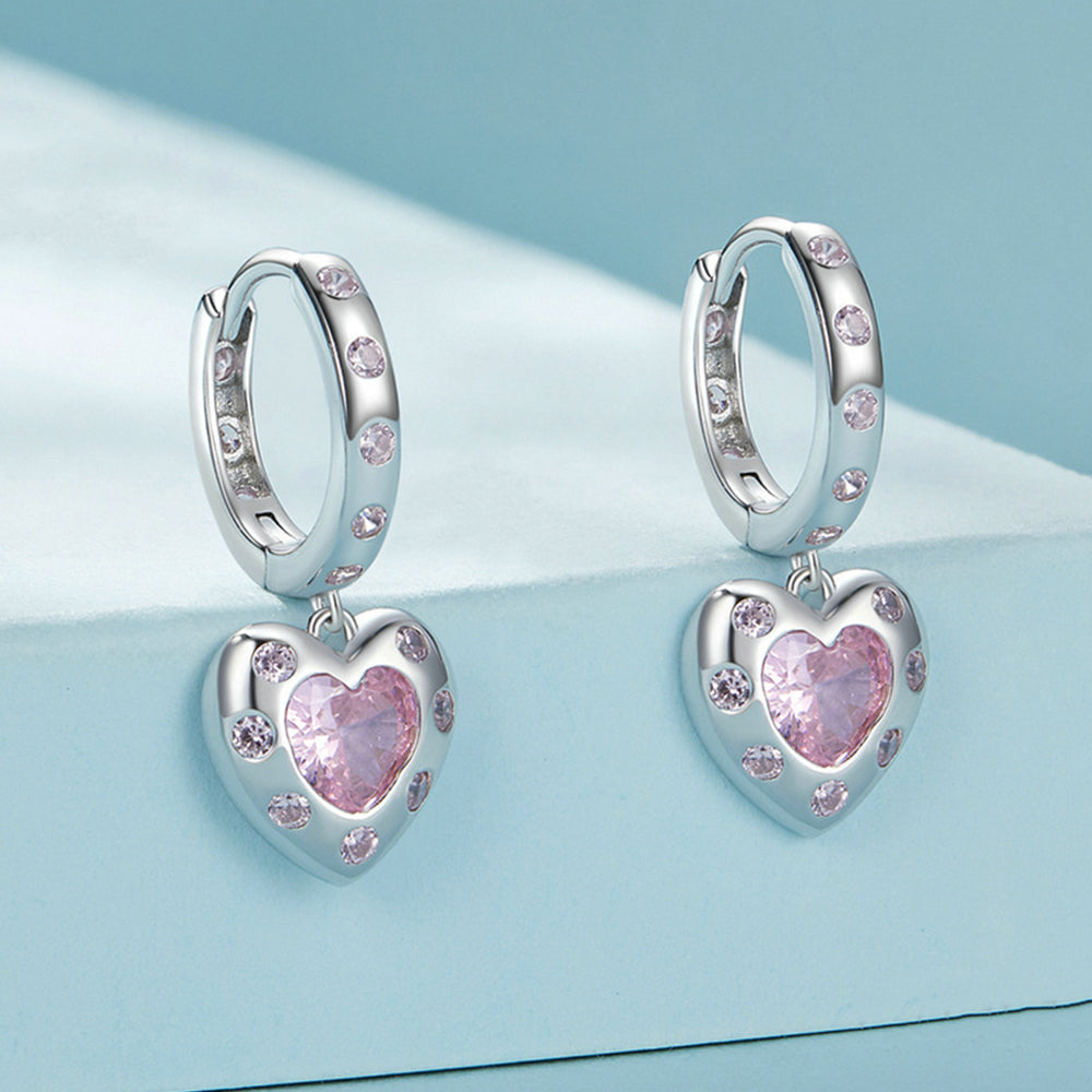 Pink Zirconia Heart Dangle Girls Hoops