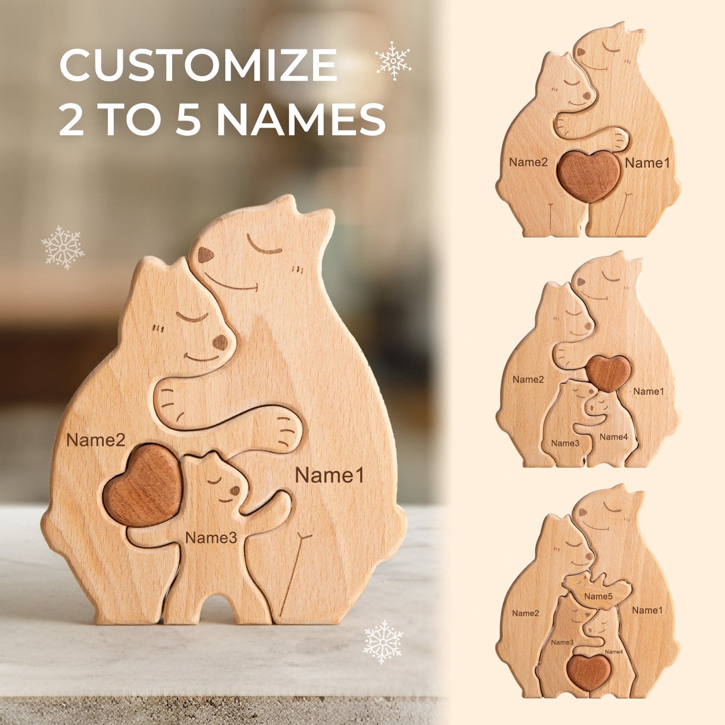 Customized wooden bear family puzzle featuring 2 to 5 names, perfect for family decor and gifts.