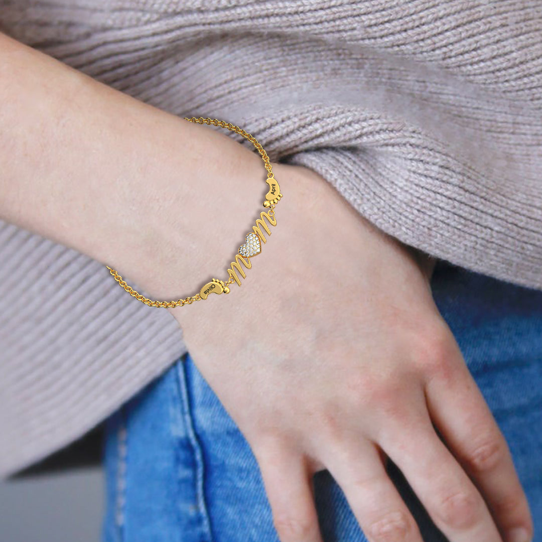 Personalized Mom Bracelet With Family Name Feet