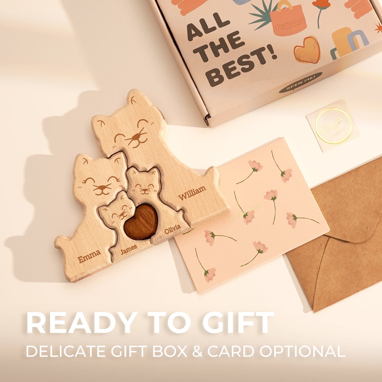 Personalized wooden cat family puzzle with names, ready to gift in a delicate box and card, perfect for family celebrations.