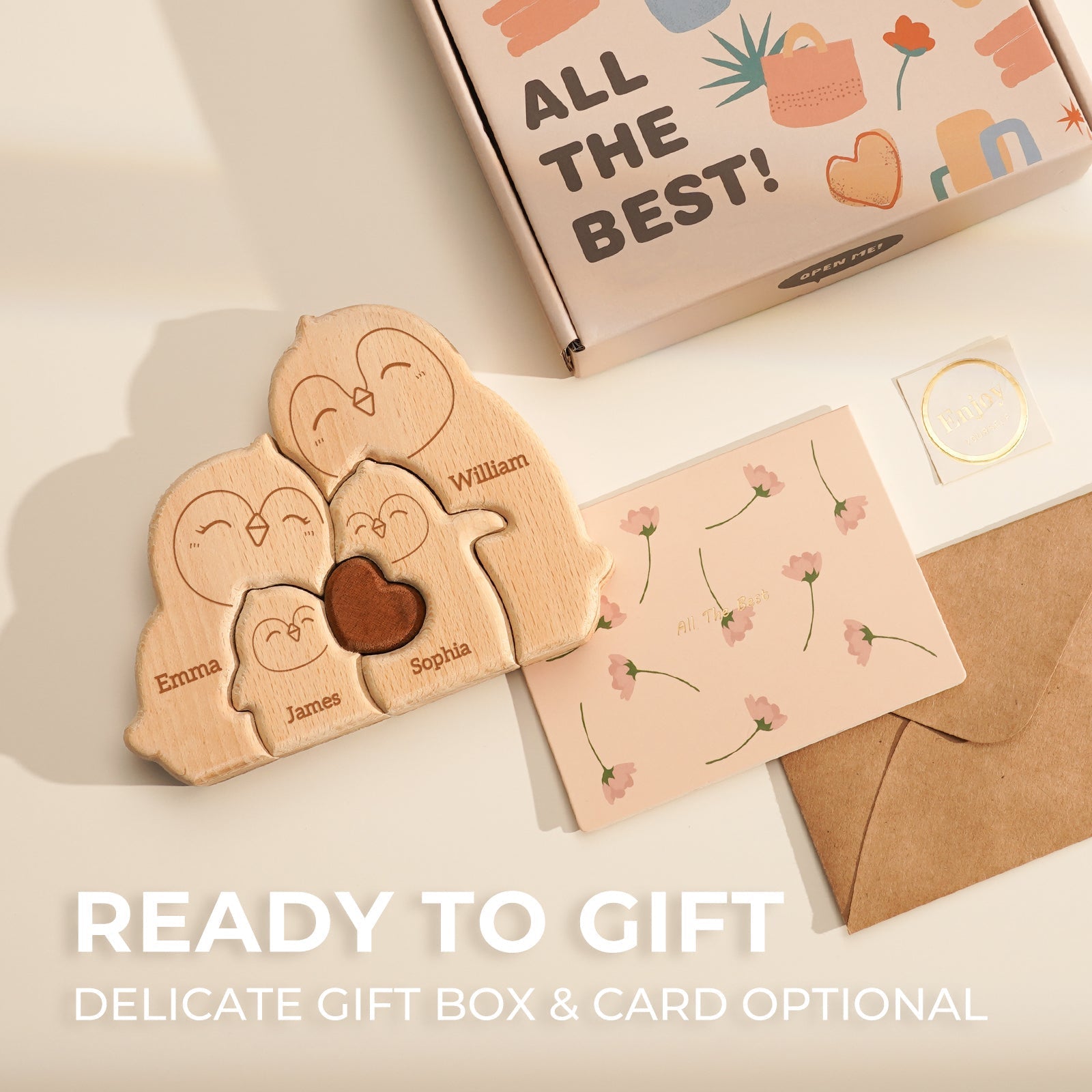 Personalized wooden penguin family puzzle with names, heart, gift box, and optional card for thoughtful gifts.