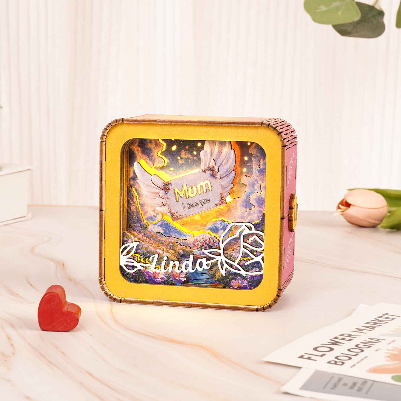 Personalized 3D Wooden Puzzle Night Light with angel wings, 'Mom' text, and floral design for Mother's Day gift.