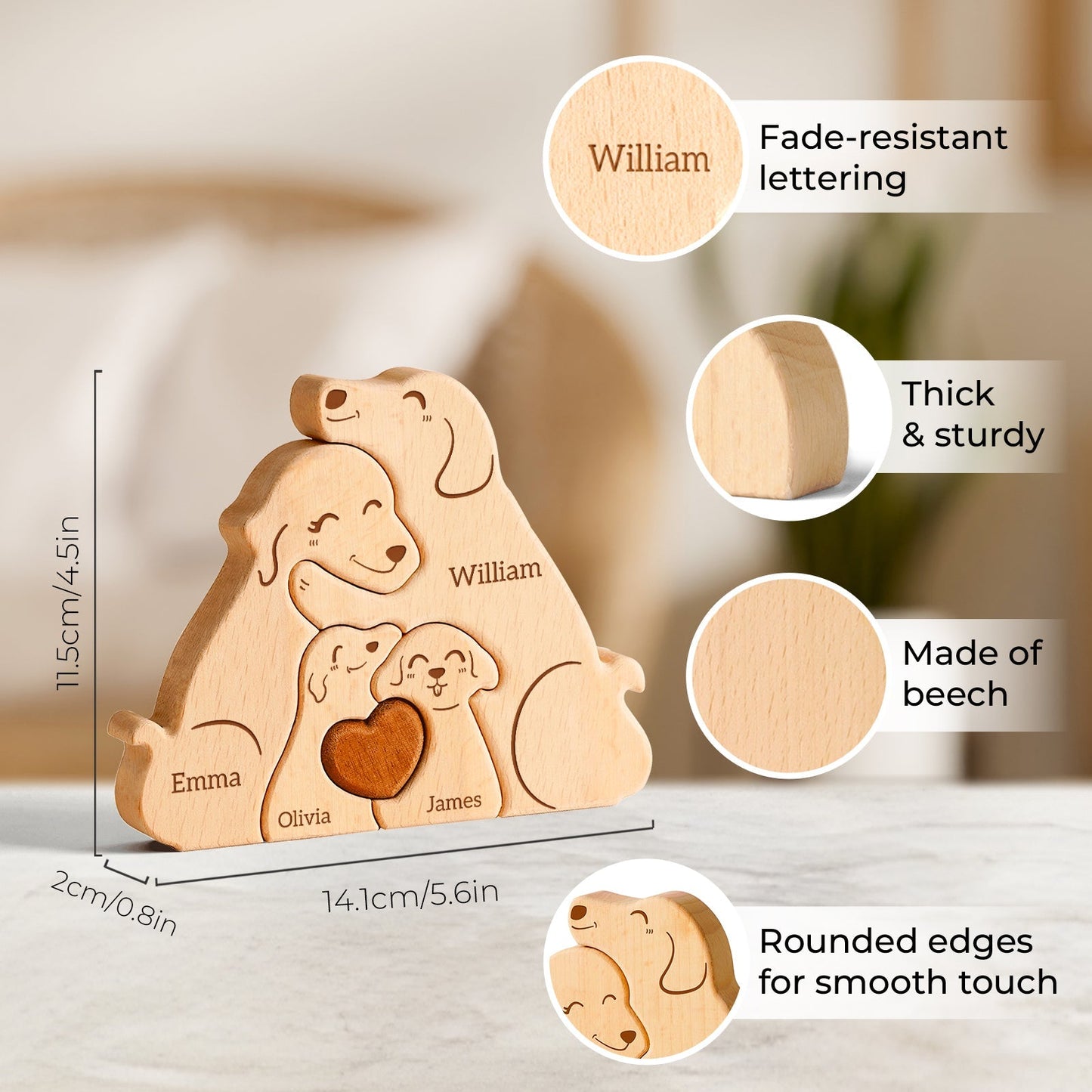 Personalized wooden dog family puzzle with carved names, made of beech, featuring rounded edges for a smooth touch.