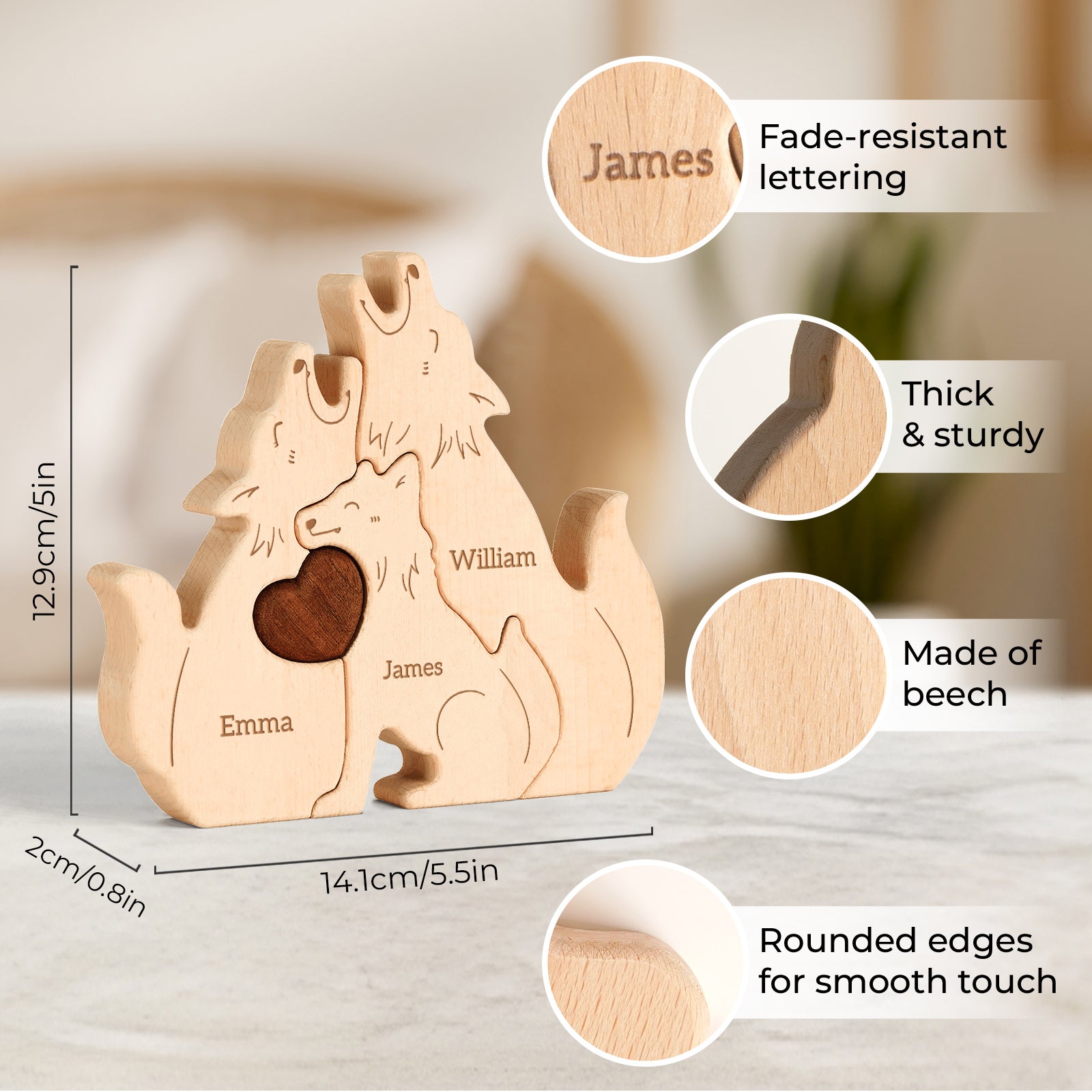 Personalized wooden wolf family puzzle decor with names, made of beech, featuring fade-resistant lettering.