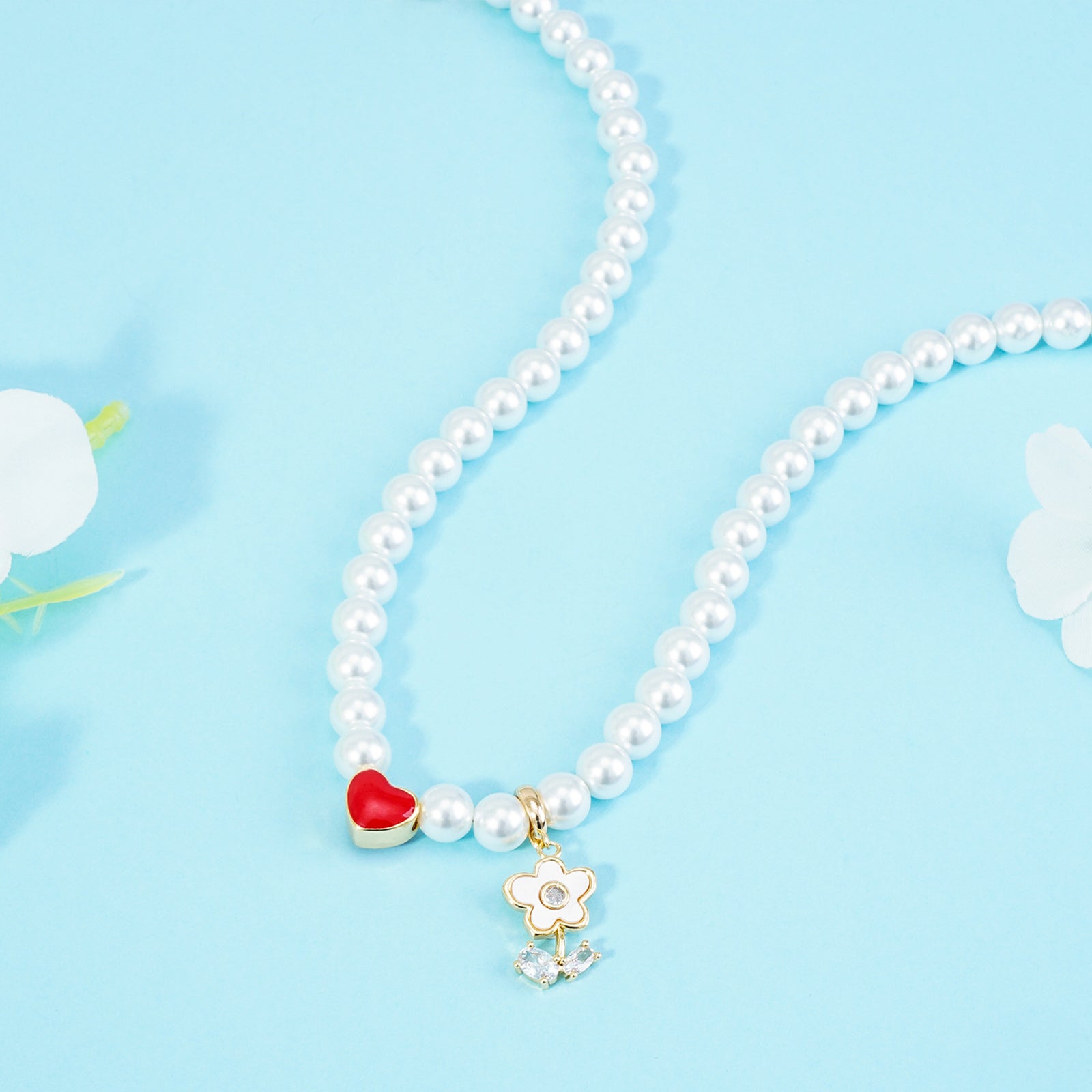 Personalized Name Girl's Heart Flower Charm Pearl Necklace