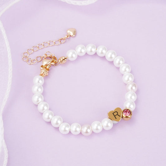 Personalized Pearl Bracelet for Girls with Birthstone and Initial Charm