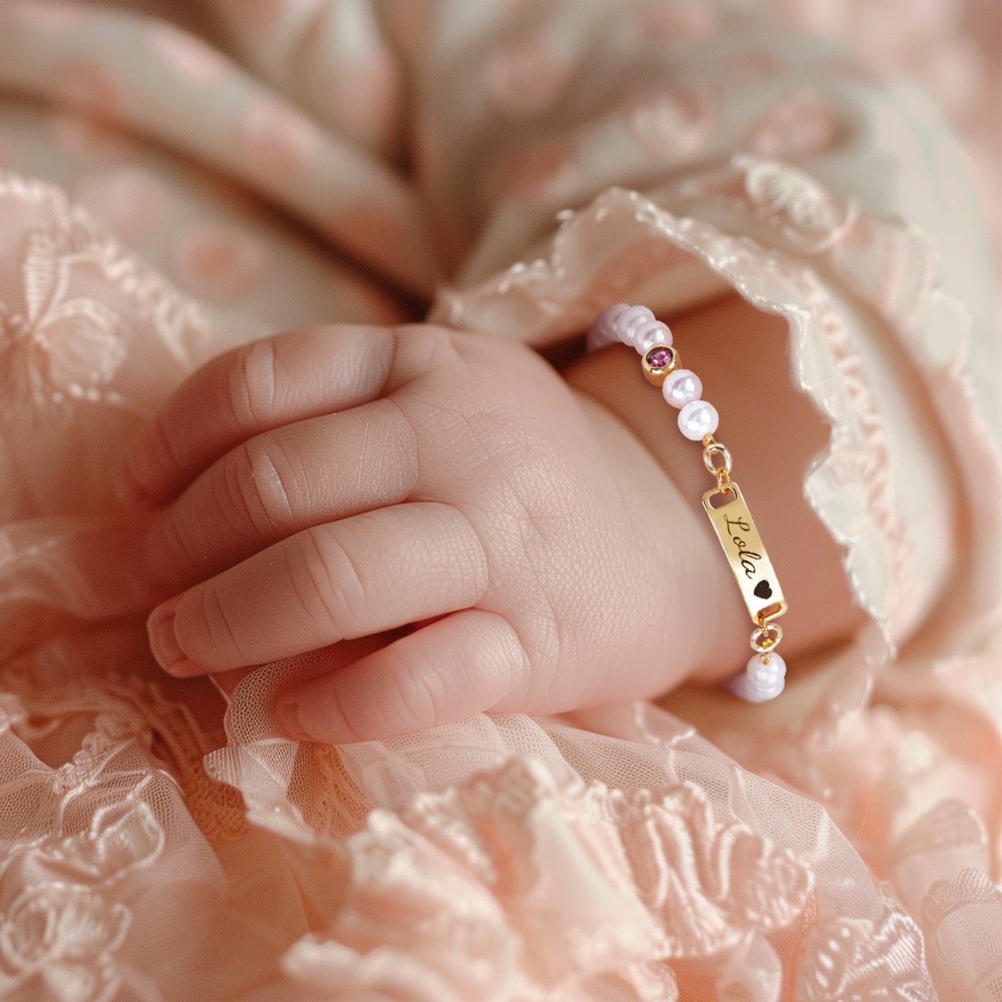 Personalized Baby Name and Birthstone Pearl Bracelet