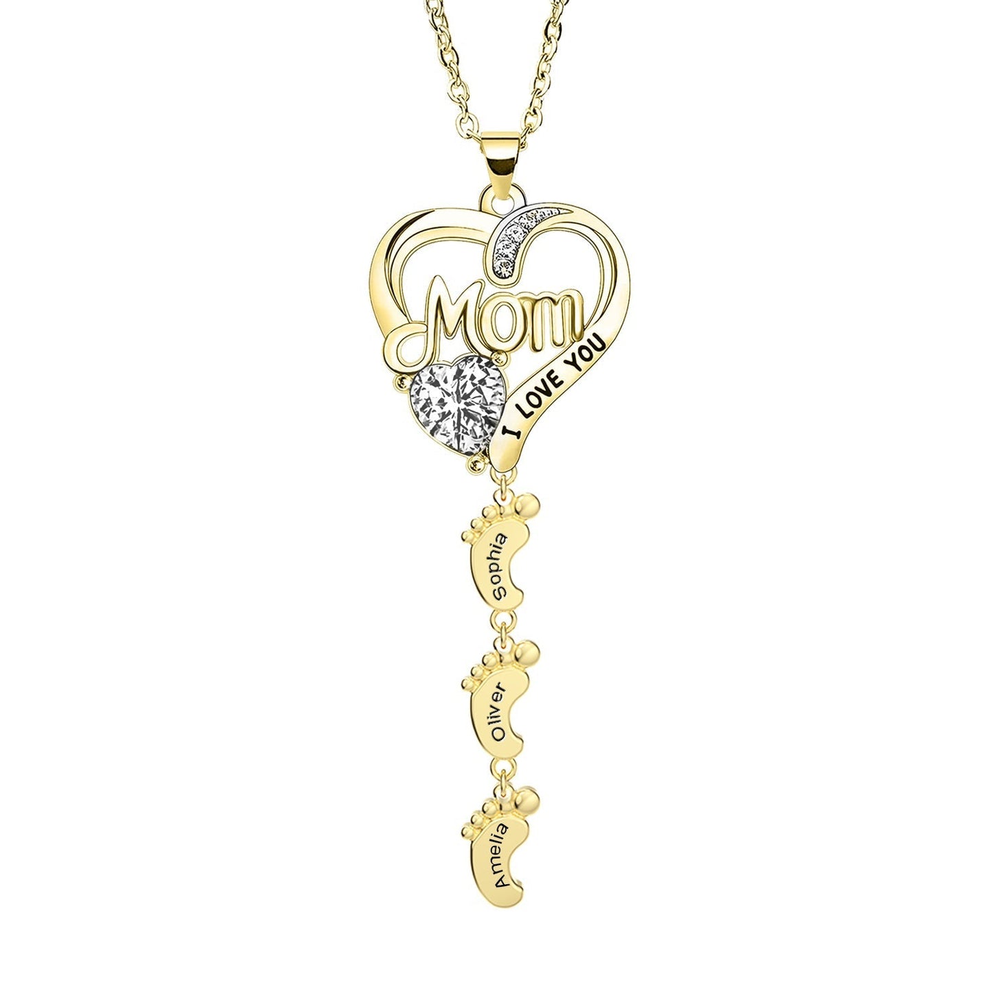 Personailzed Name and Birthstone Necklace With Feet Pendans