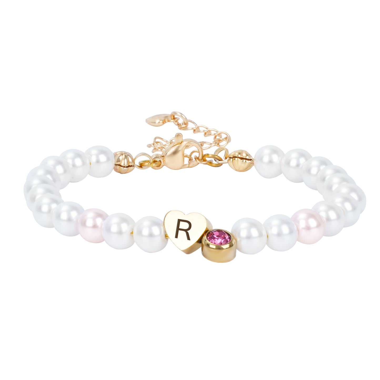 Personalized Pearl Bracelet for Girls with Birthstone and Initial Charm