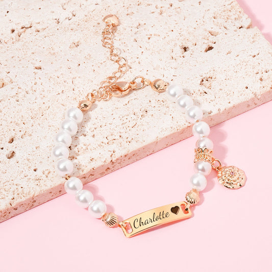Personalized Baby Name and Birthflower Pearl Bracelet
