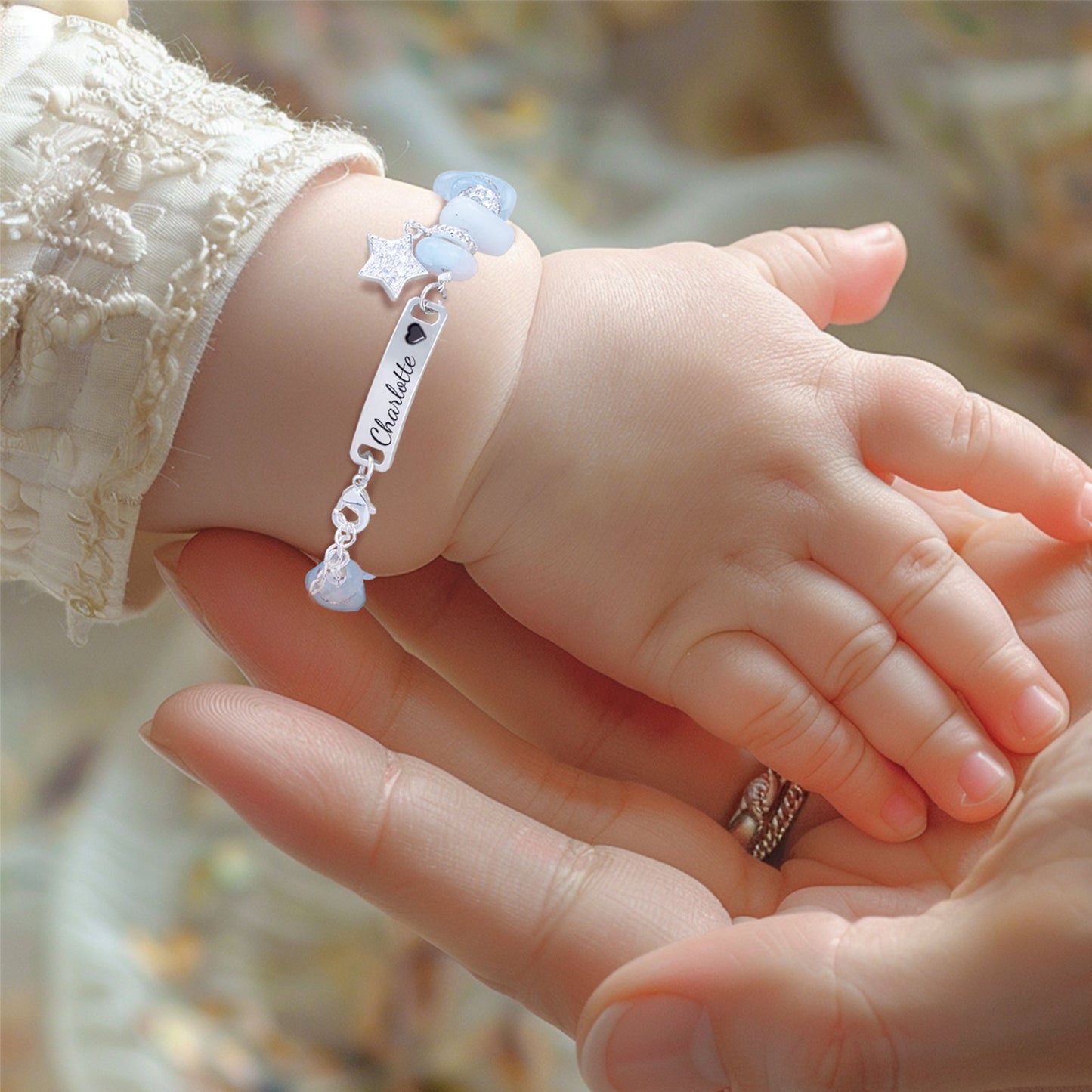 Girls Personalized Blue Crystal Name Bracelet with Star Charm