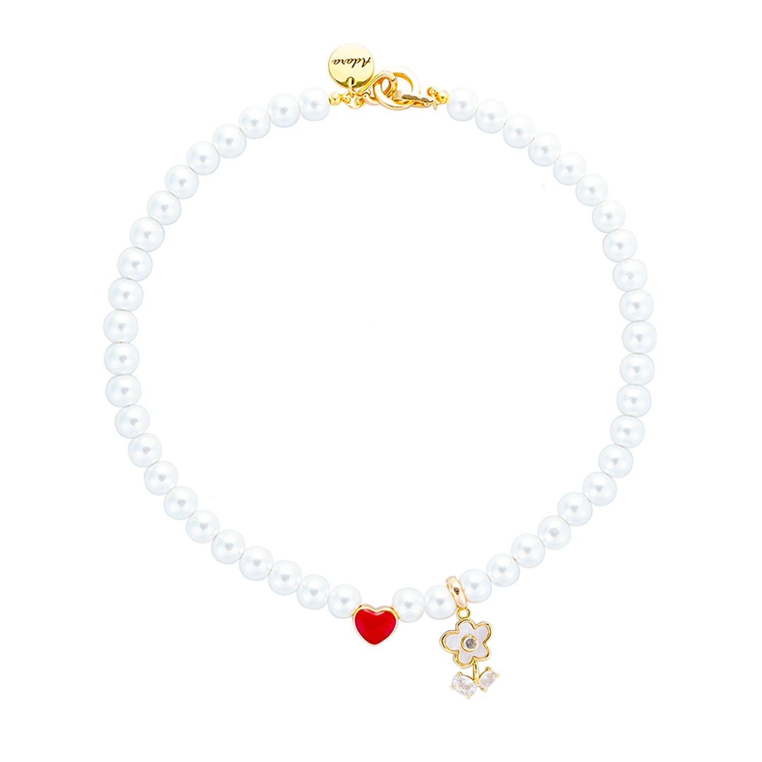 Personalized Name Girl's Heart Flower Charm Pearl Necklace