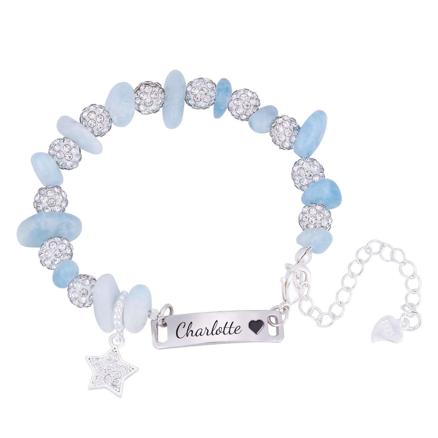 Girls Personalized Blue Crystal Name Bracelet with Star Charm