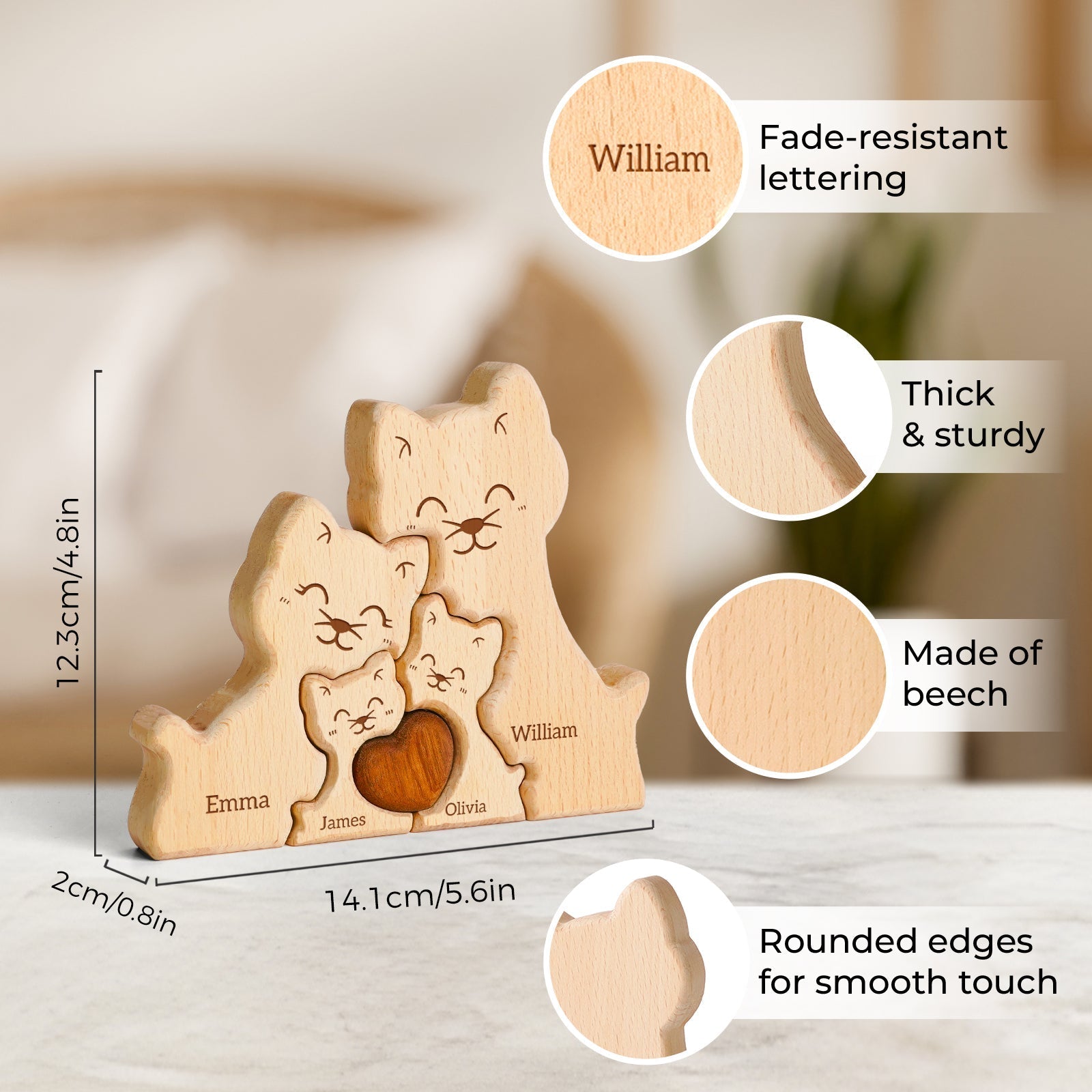 Personalized wooden cat family puzzle decor featuring names, made of sturdy beech wood with rounded edges.