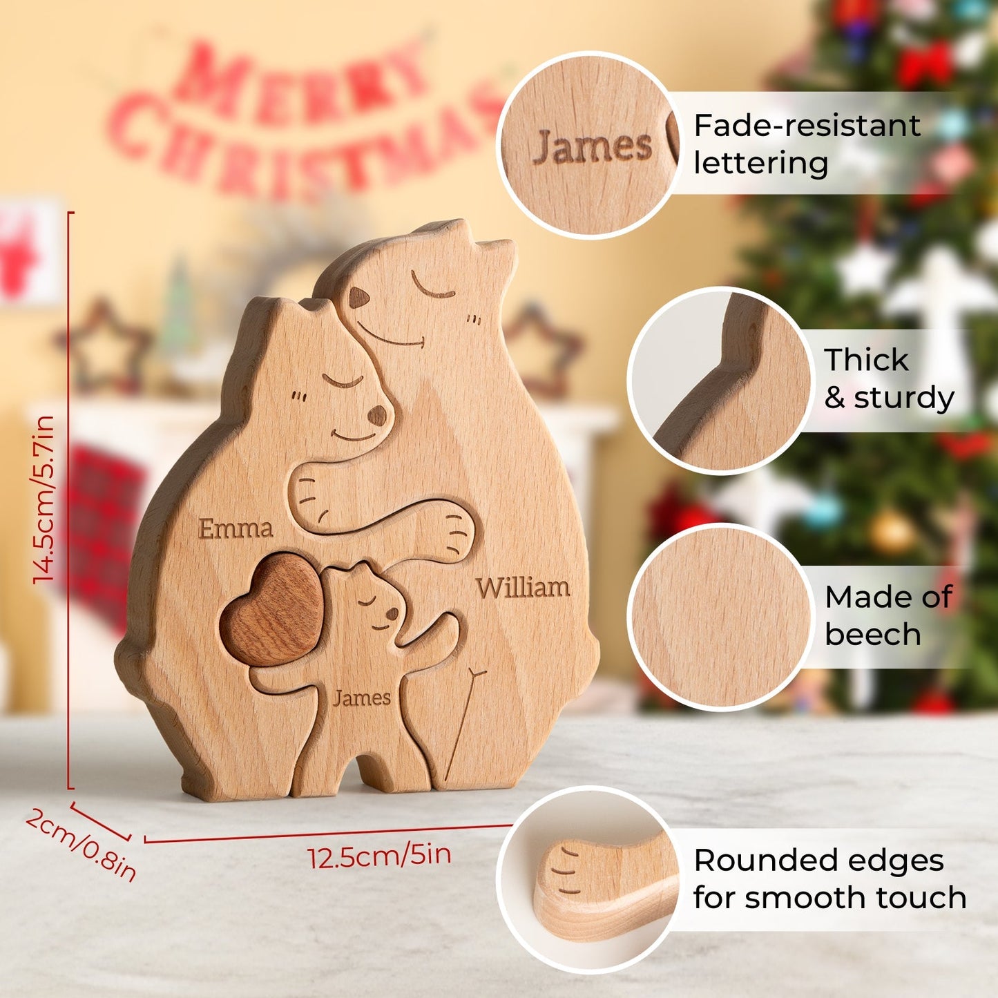 Personalized wooden bear family puzzle decor with carved names, perfect gift for families.
