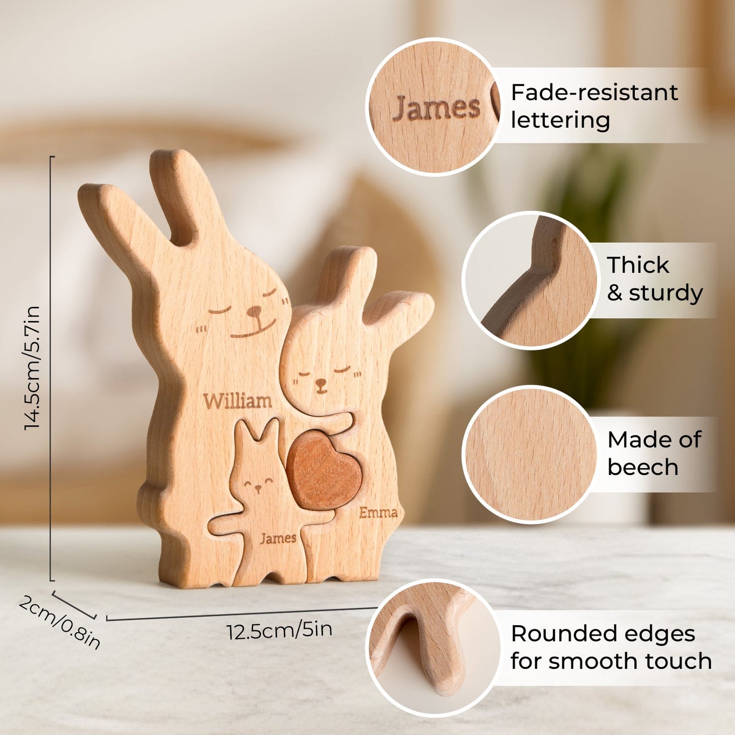 Personalized wooden rabbit family puzzle with names, made of beech, sturdy and with rounded edges.