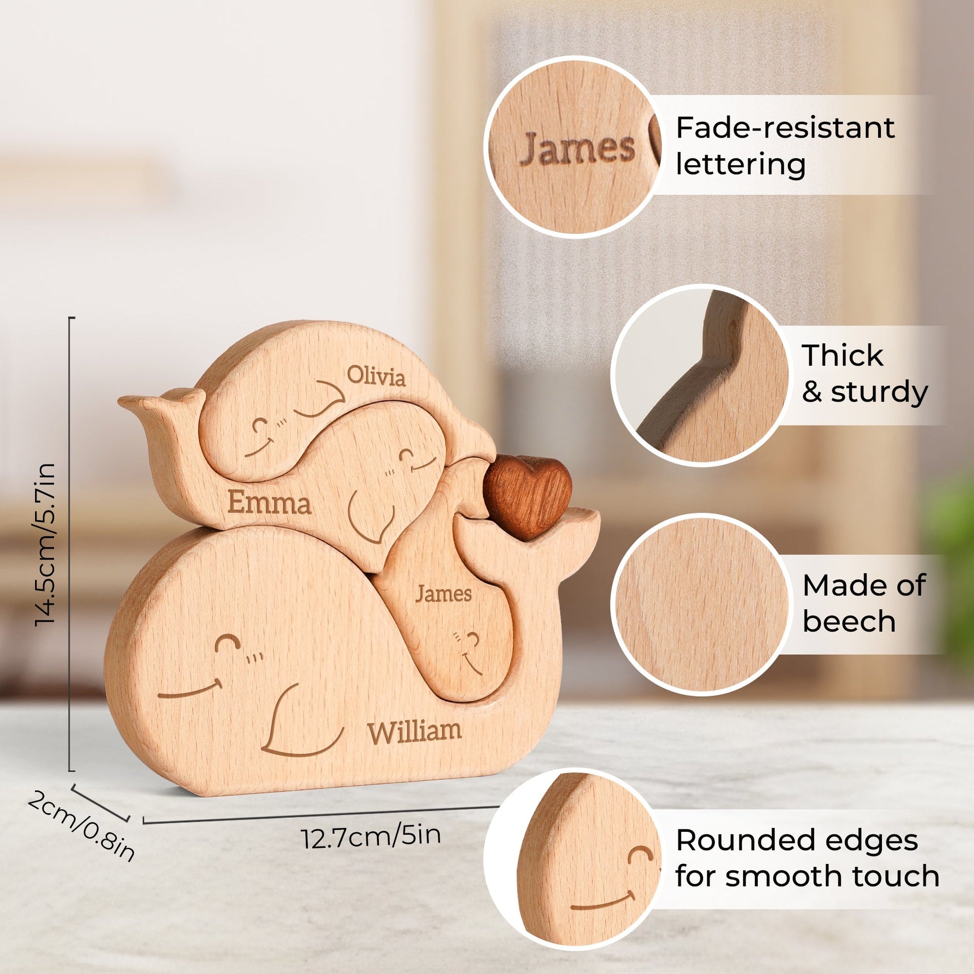 Personalized wooden whale family puzzle with names, made of beech, featuring fade-resistant lettering and rounded edges.