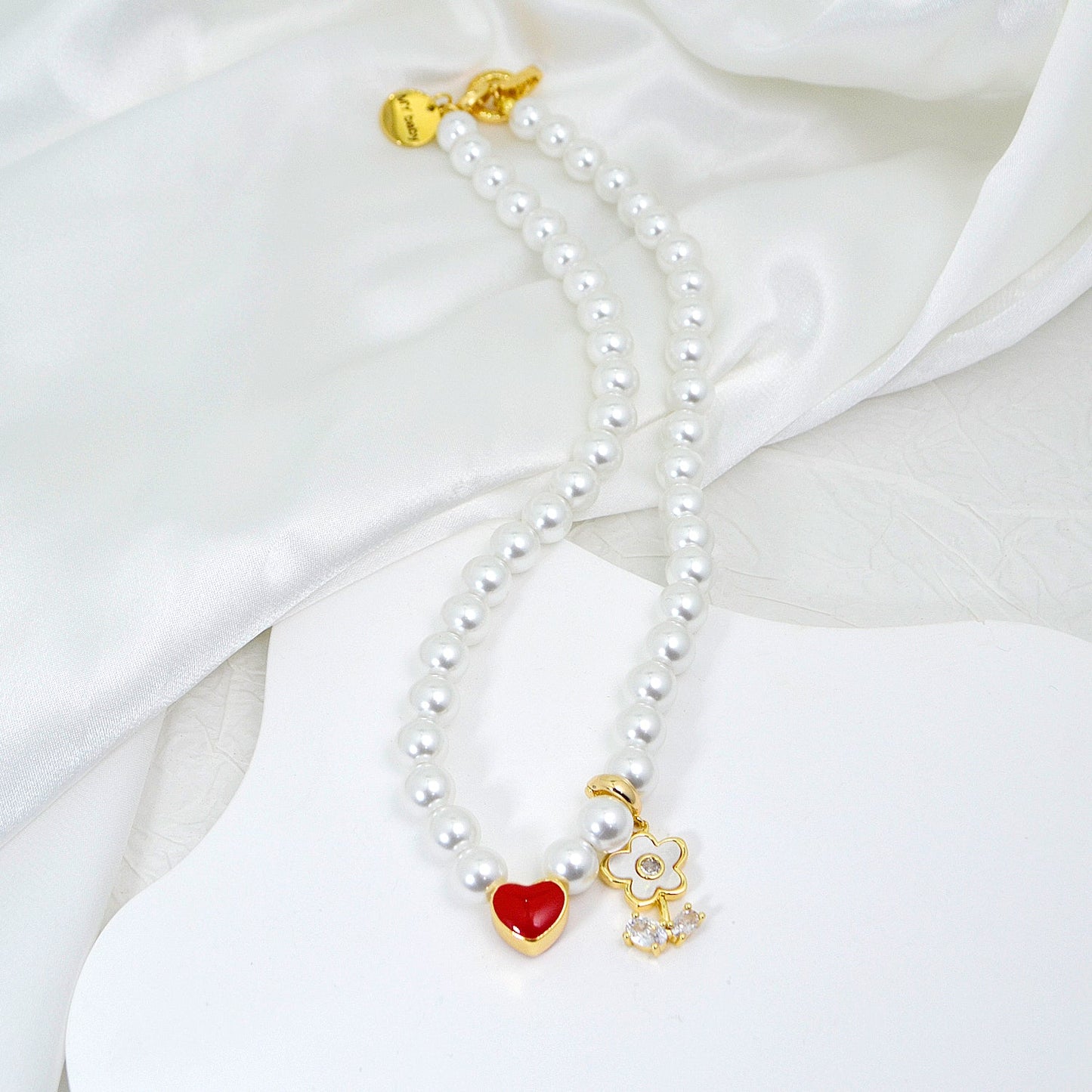 Personalized Name Girl's Heart Flower Charm Pearl Necklace