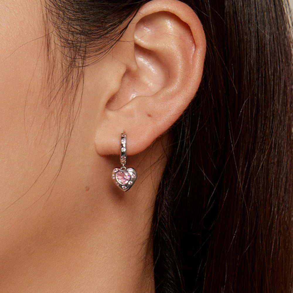 Pink Zirconia Heart Dangle Girls Hoops