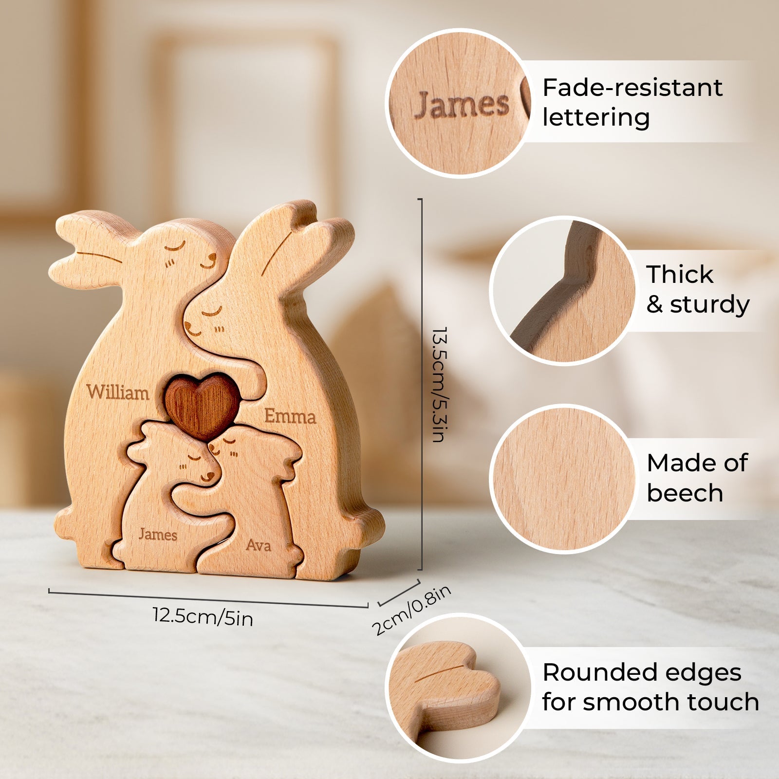 Personalized wooden rabbit family puzzle with custom names, eco-friendly and durable, perfect for Easter decor.