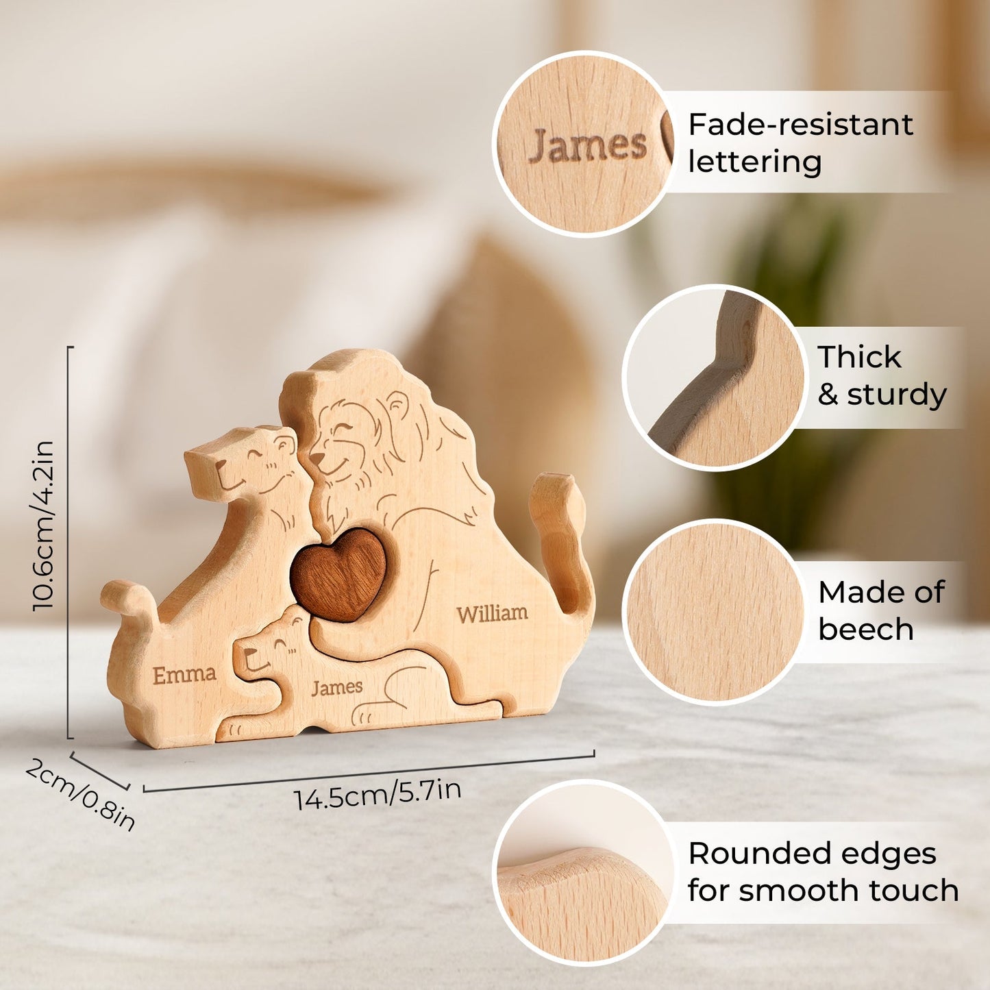Personalized wooden lion family puzzle with engraved names, showcasing sturdy design and smooth edges.