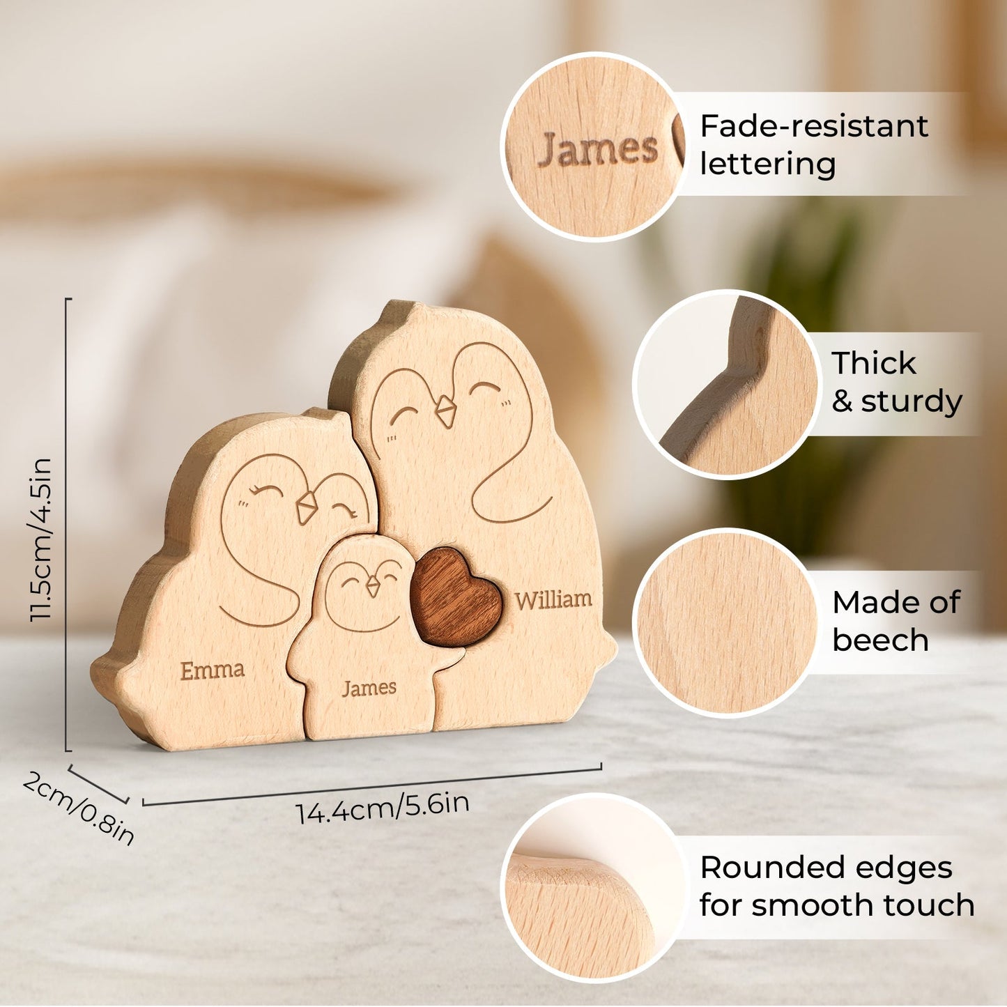 Personalized wooden penguin family puzzle decor showcasing fade-resistant lettering and smooth edges.