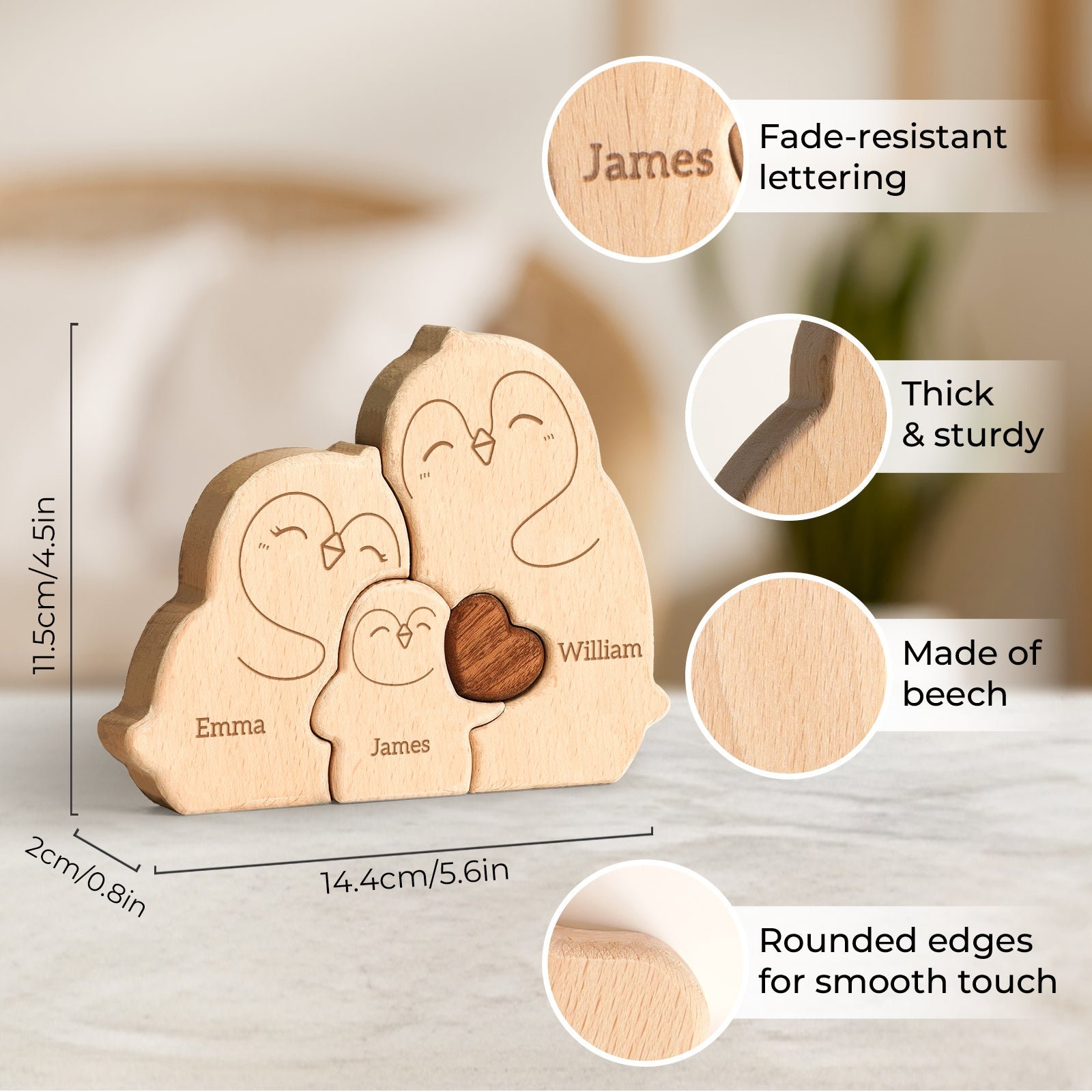 Personalized wooden penguin family puzzle decor showcasing fade-resistant lettering and smooth edges.
