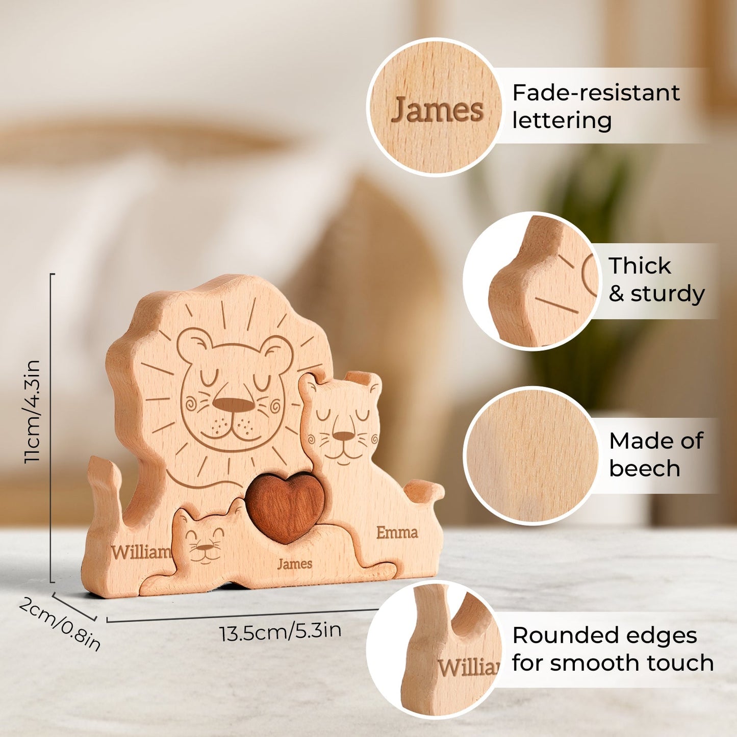 Personalized wooden lion family puzzle with custom names, fade-resistant lettering, and smooth rounded edges.