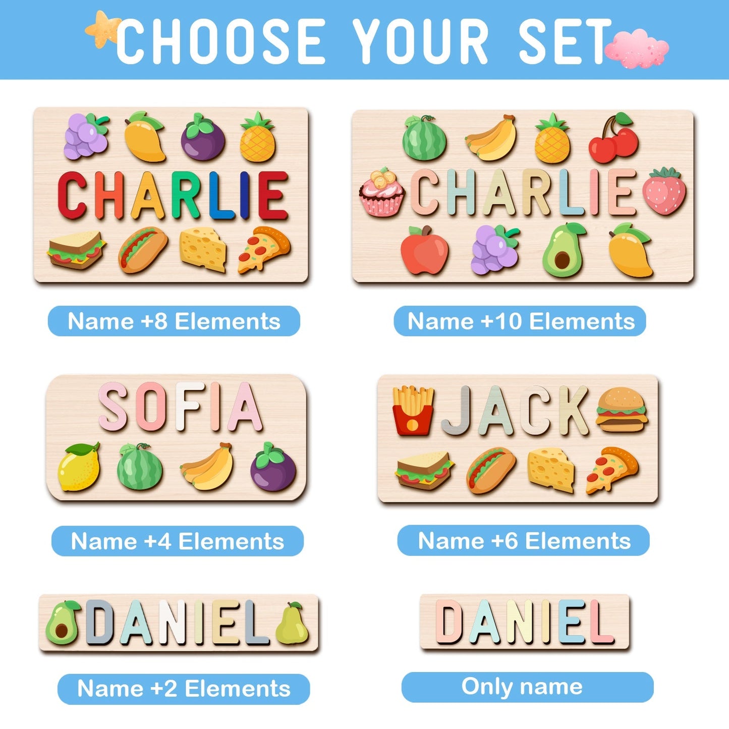 Custom Wooden Baby Name Puzzle with Food