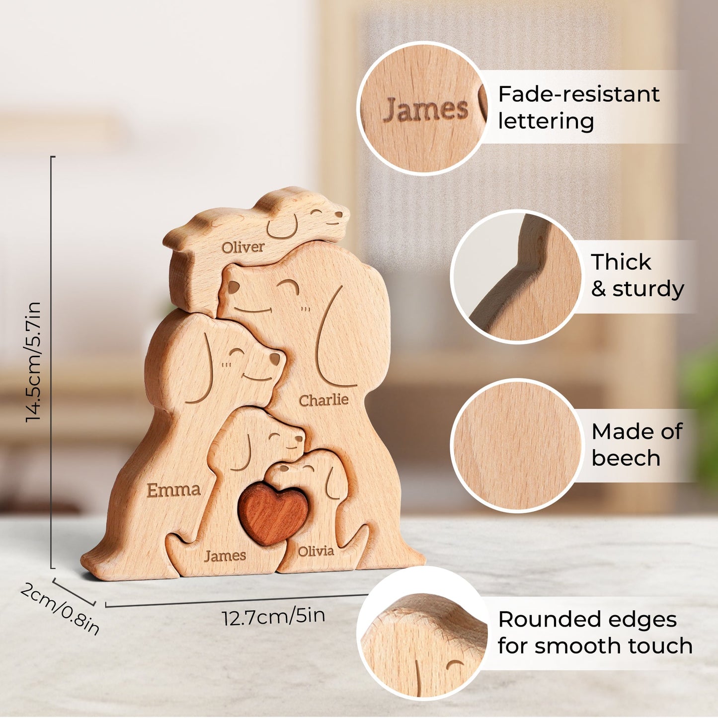 Personalized wooden dog family puzzle decor with fade-resistant lettering, handmade from beech, showcasing names.