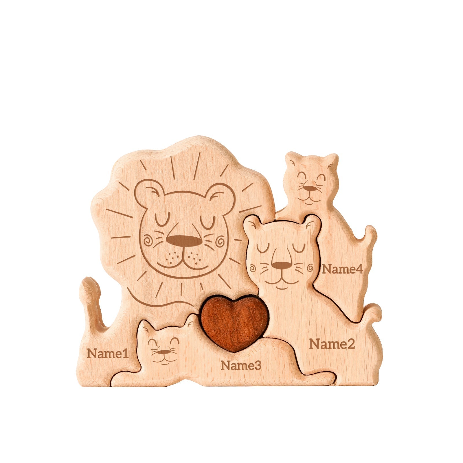 Personalized wooden lion family puzzle decor with names on pieces, symbolizing family love and togetherness.