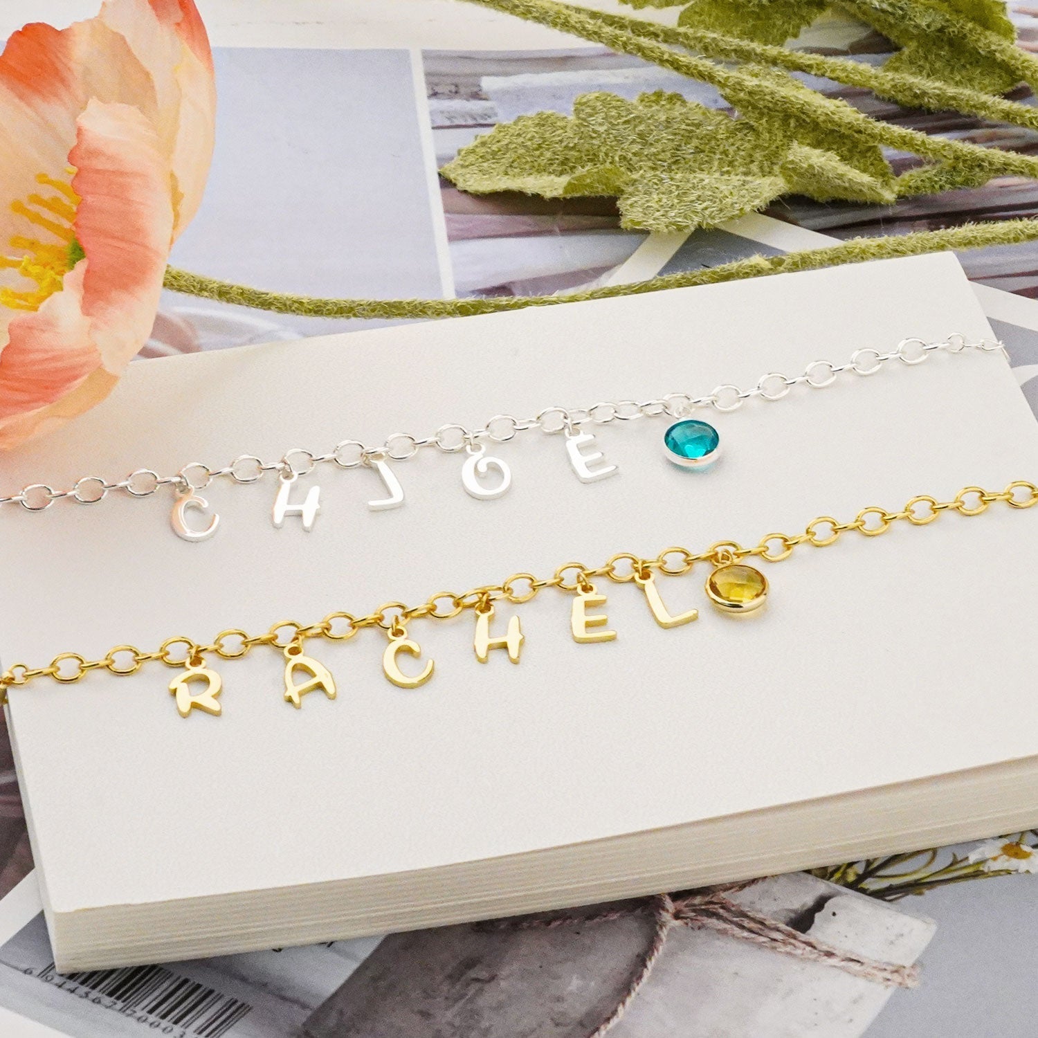 Gold and Silver Personalized Letters and Birthstone Pendant Bracelet for Baby Toddler Childrens