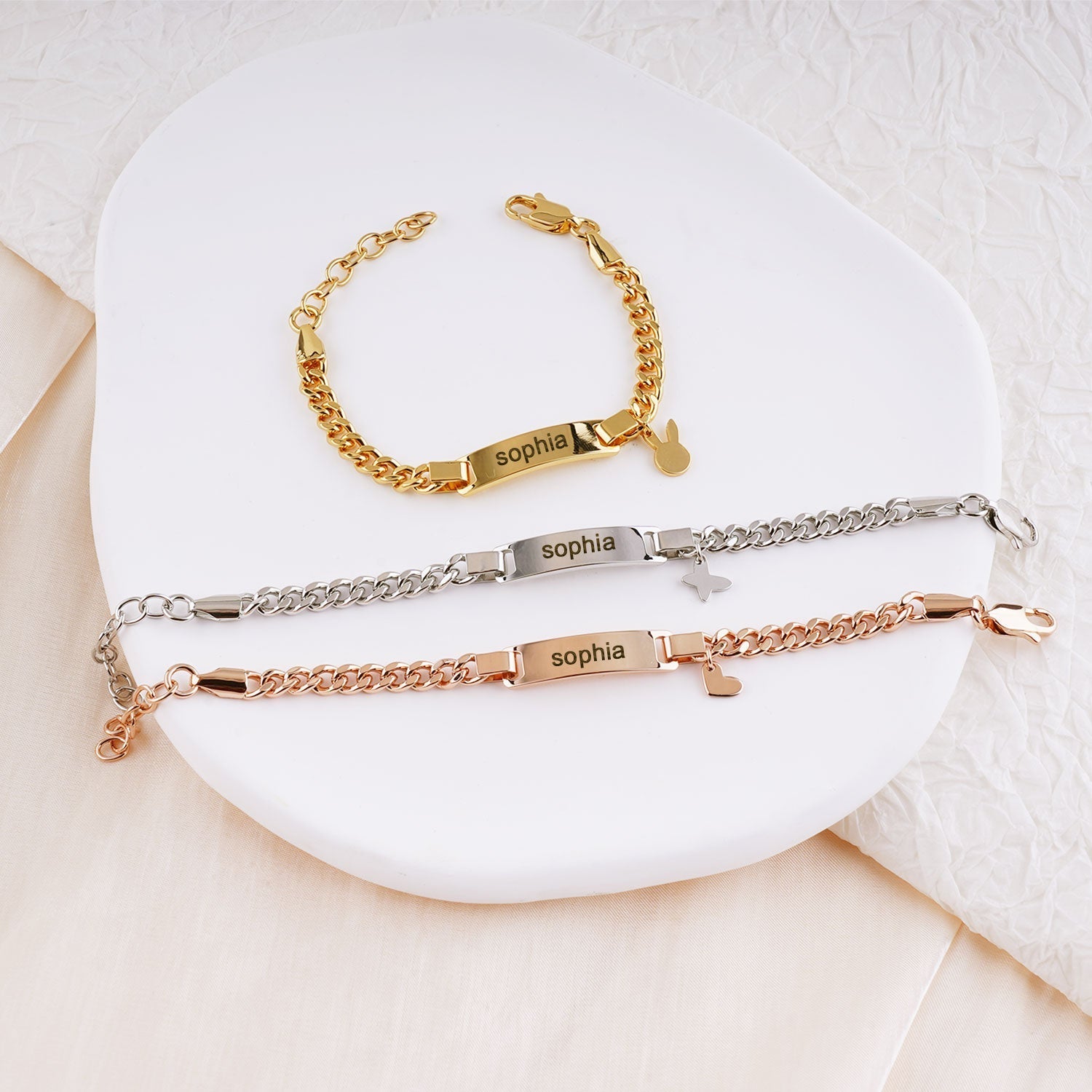 Personalized Baby Name Bracelet with Rabbit/Butterfly/Heart Charm, Gold, Silver and Rose Gold Color Available