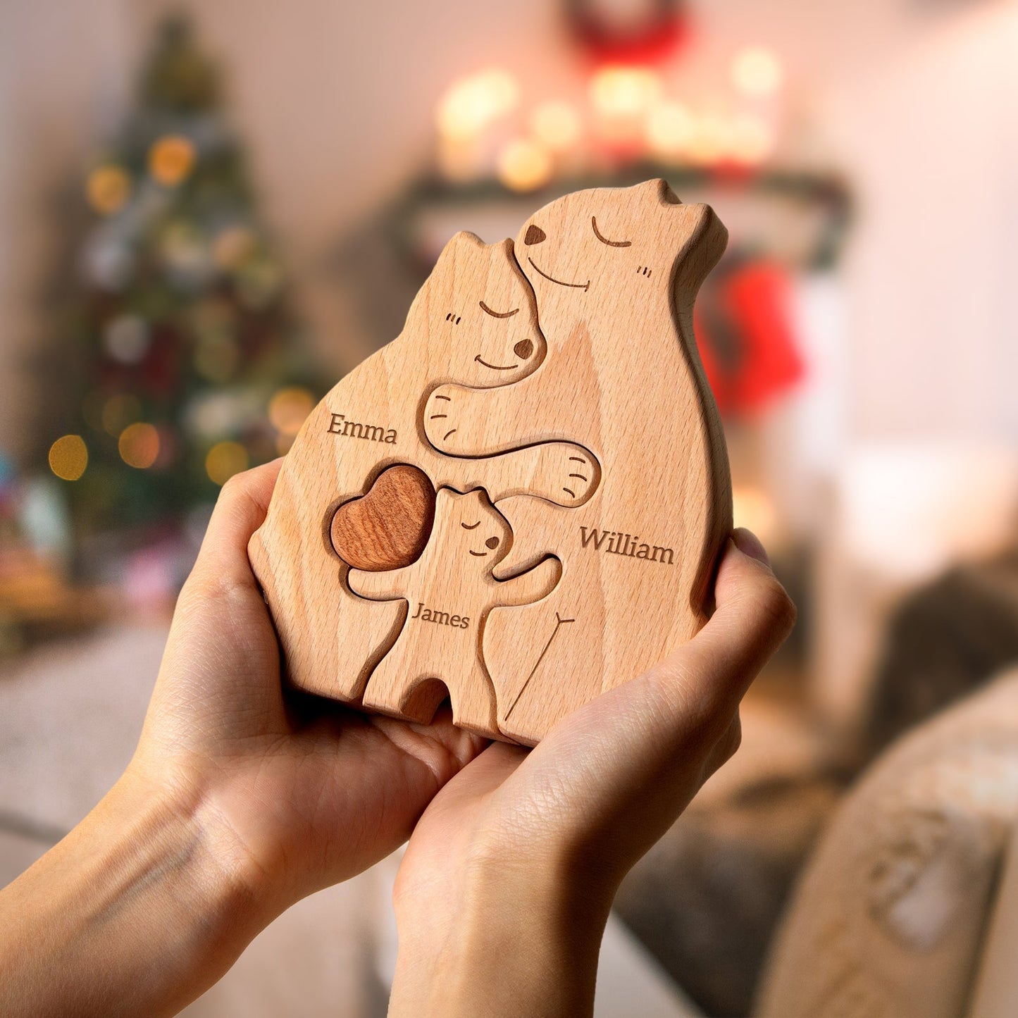 Personalized wooden bear puzzle featuring names 'Emma', 'William', and 'James', perfect family decor gift.