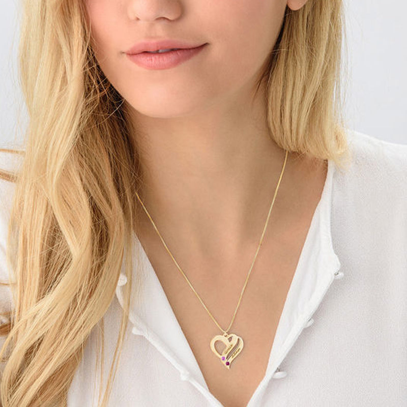 Double Heart Personalized Name and Birthstone Necklace