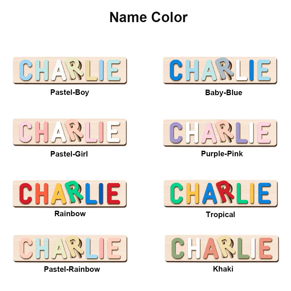 Color options for personalized wooden name puzzles featuring the name 'CHARLIE' in various styles.