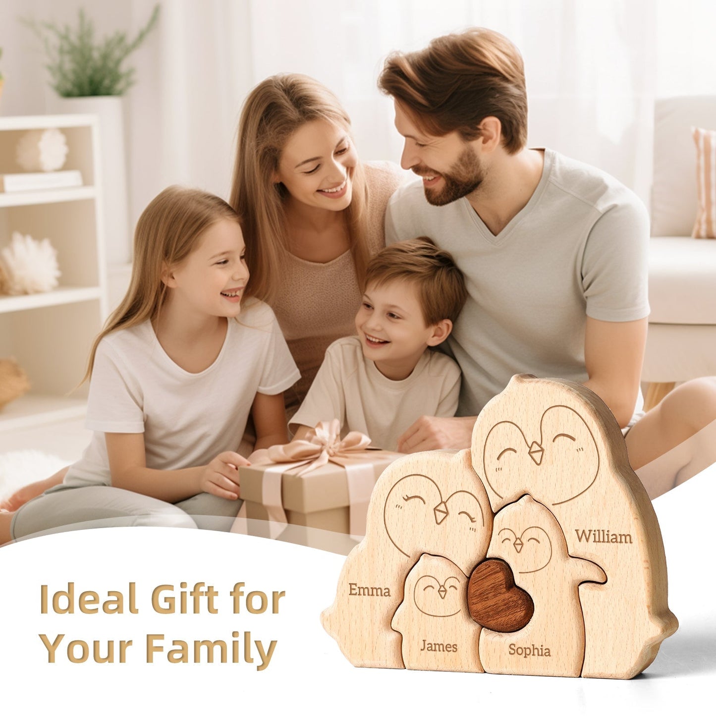 Personalized wooden penguin family puzzle decor showcasing names, perfect family gift for birthdays and celebrations.