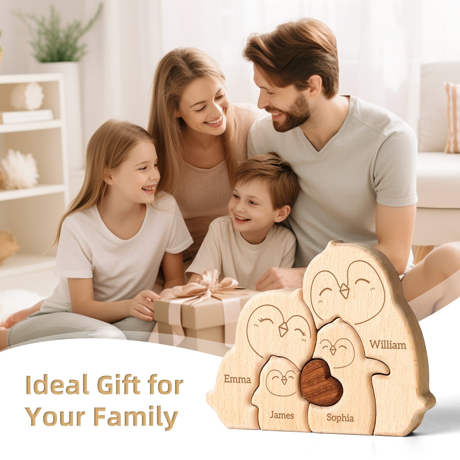 Personalized wooden penguin family puzzle decor showcasing names, perfect family gift for birthdays and celebrations.