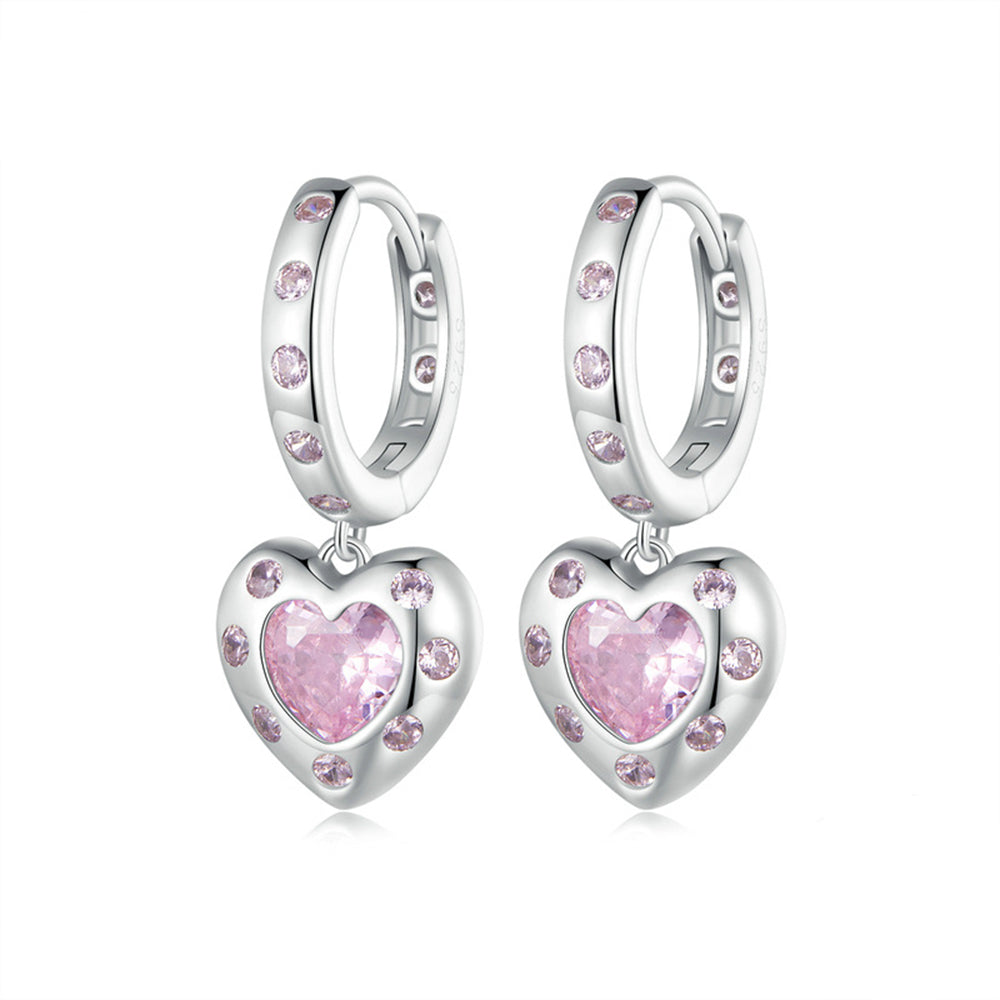 Pink Zirconia Heart Dangle Girls Hoops