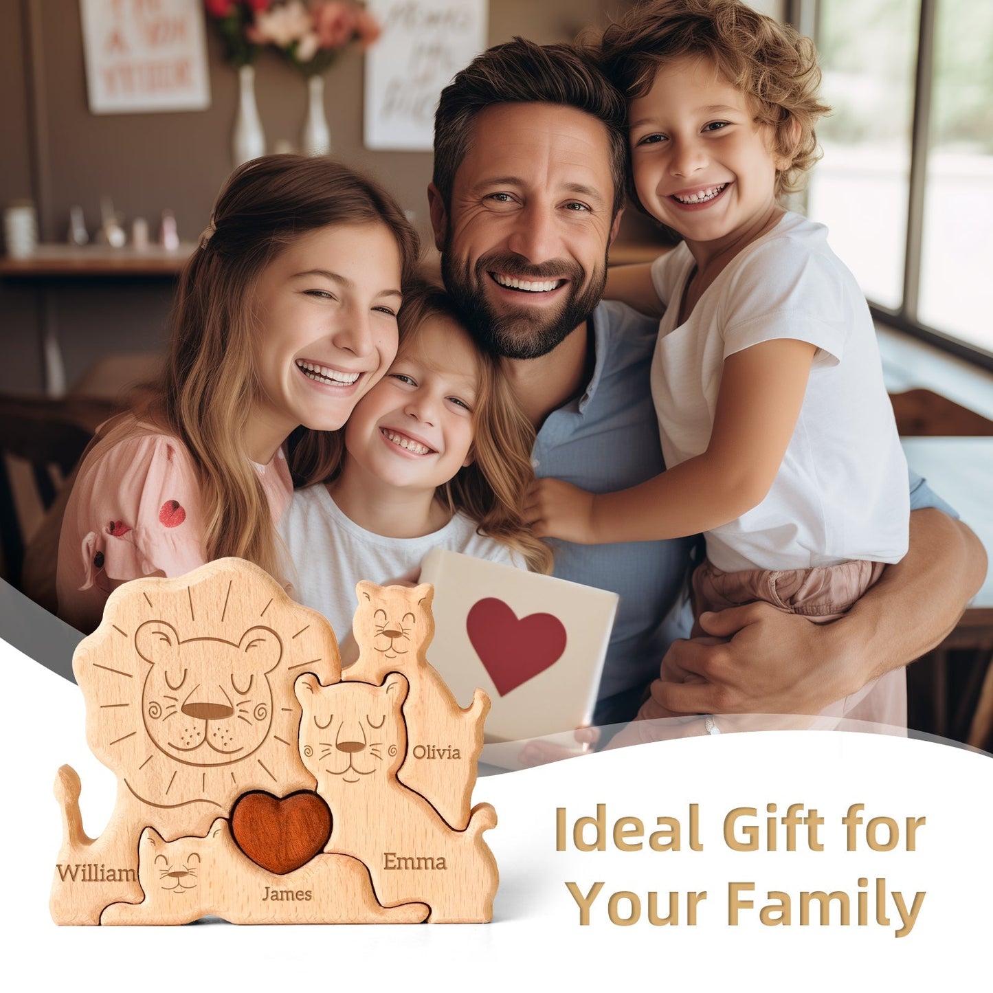 Personalized wooden lion family puzzle decor, featuring a happy family with names, ideal gift for family celebrations.