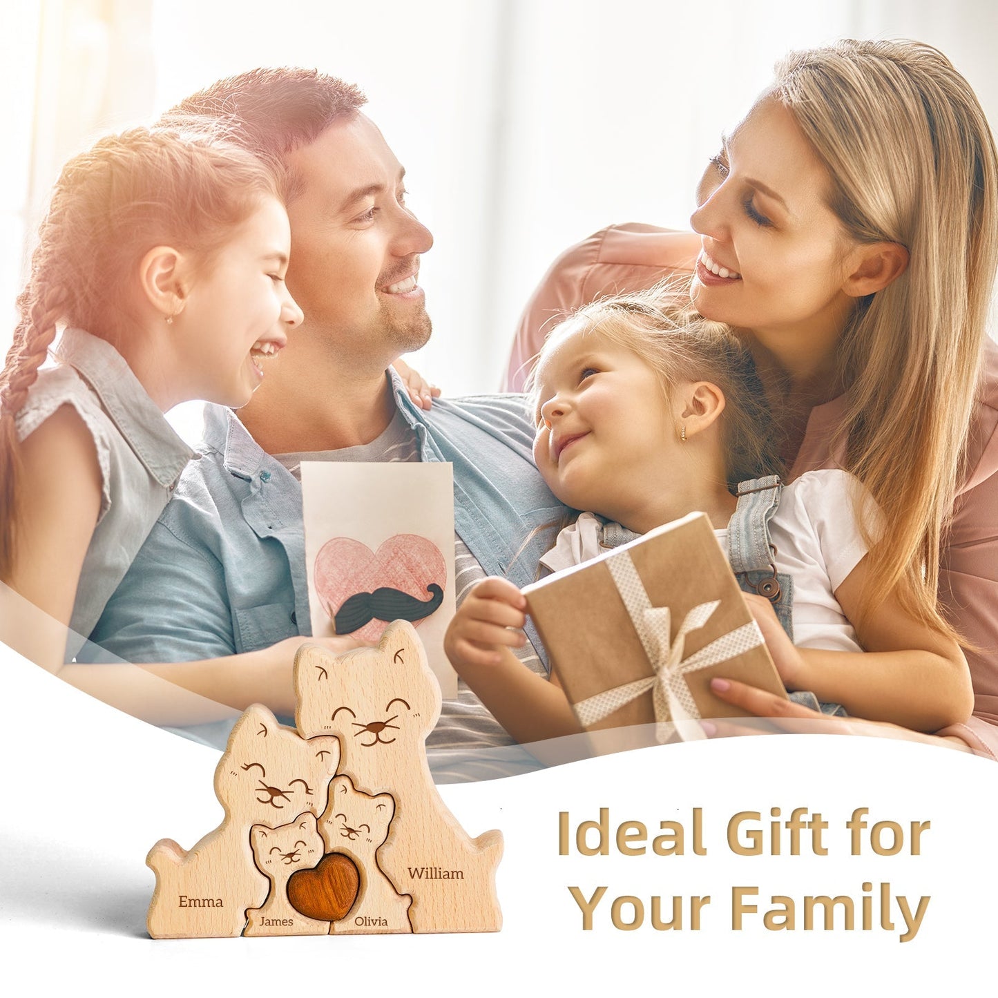 Personalized wooden cat family puzzle decor with names, perfect gift for family celebrations.
